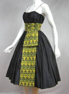 1950s Dress Black Embroidered Shelf Bust Taffeta Party Dress