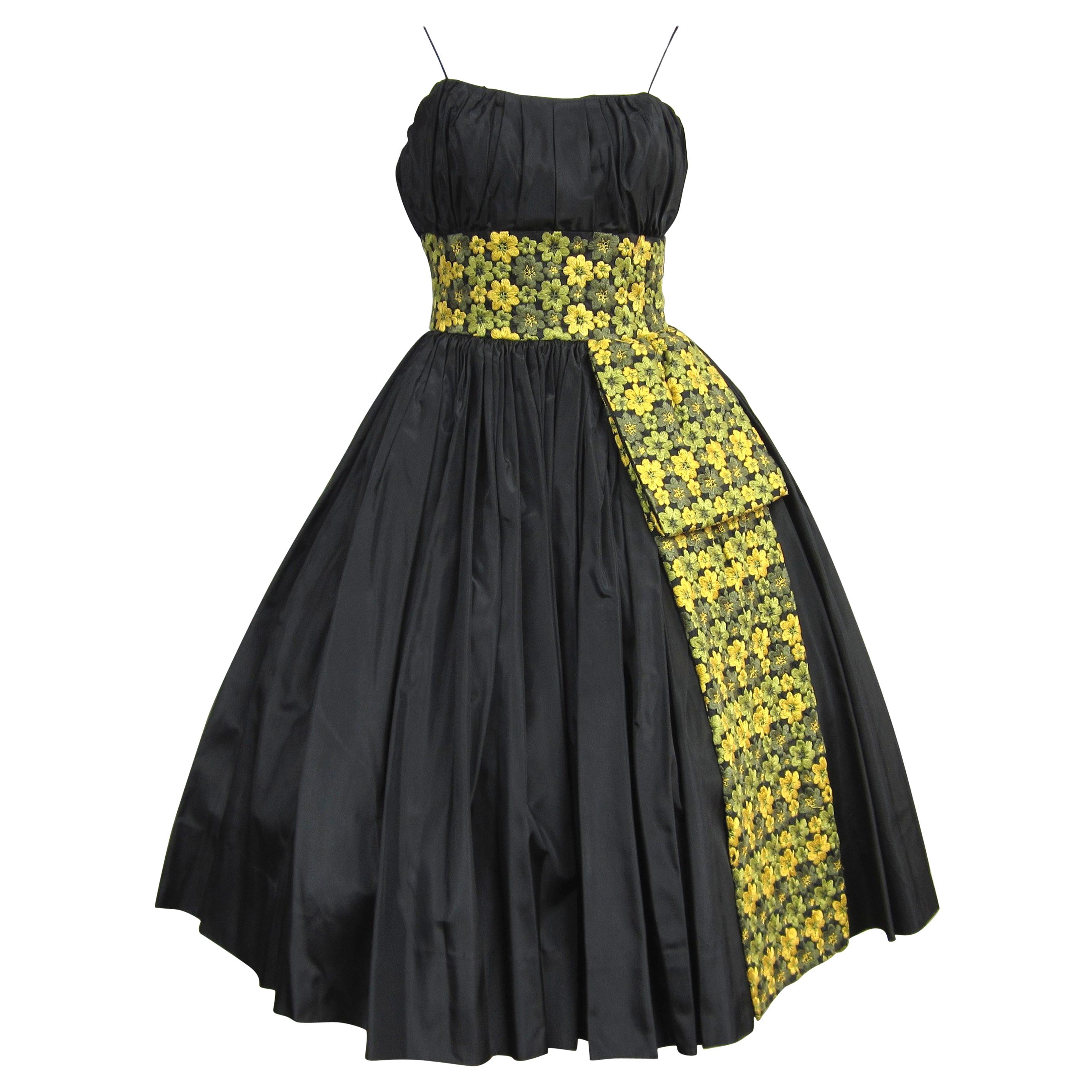  1950s Dress Black Embroidered Shelf Bust Taffeta Party Dress For Sale