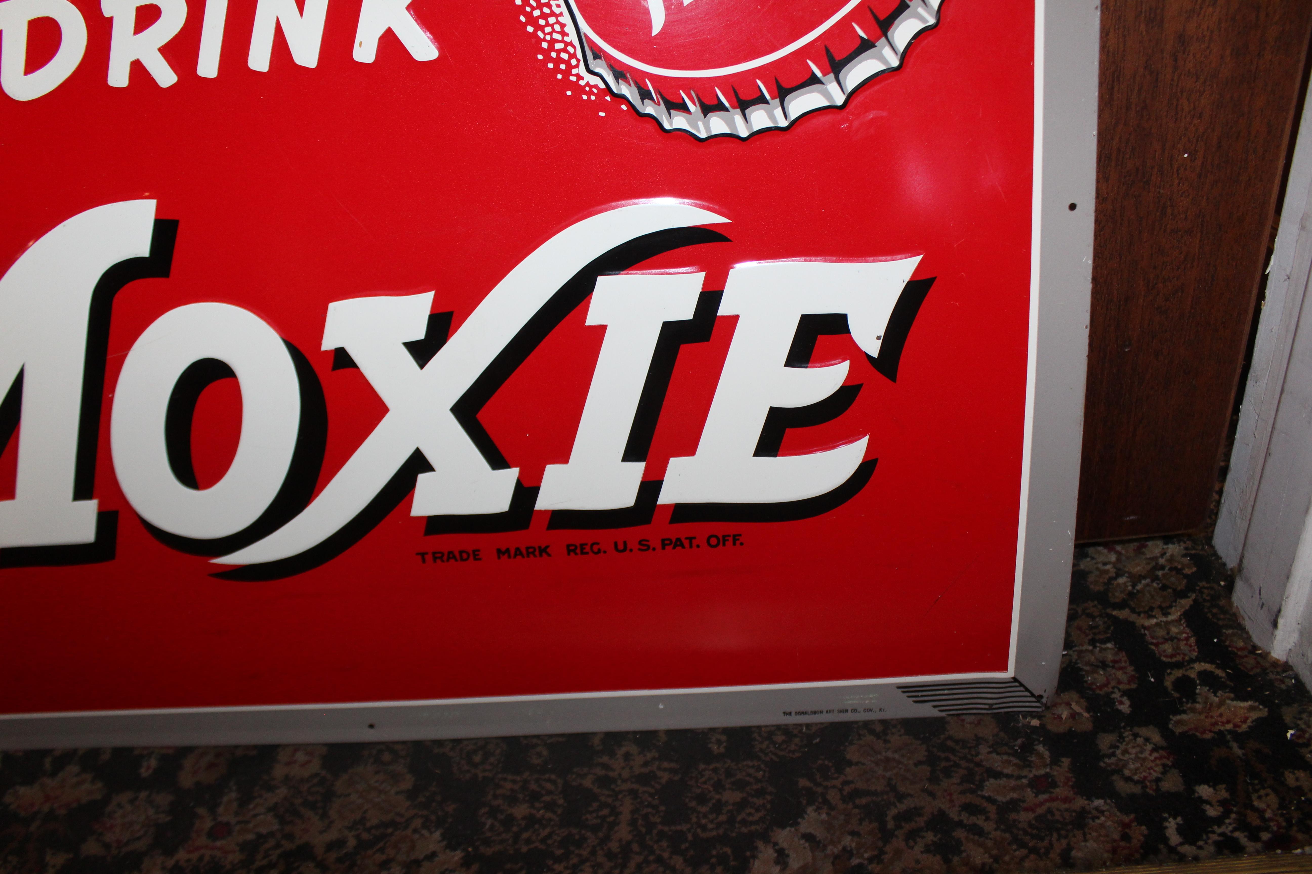 American 1950s Drink Moxie Soda Tin Advertising Sign For Sale