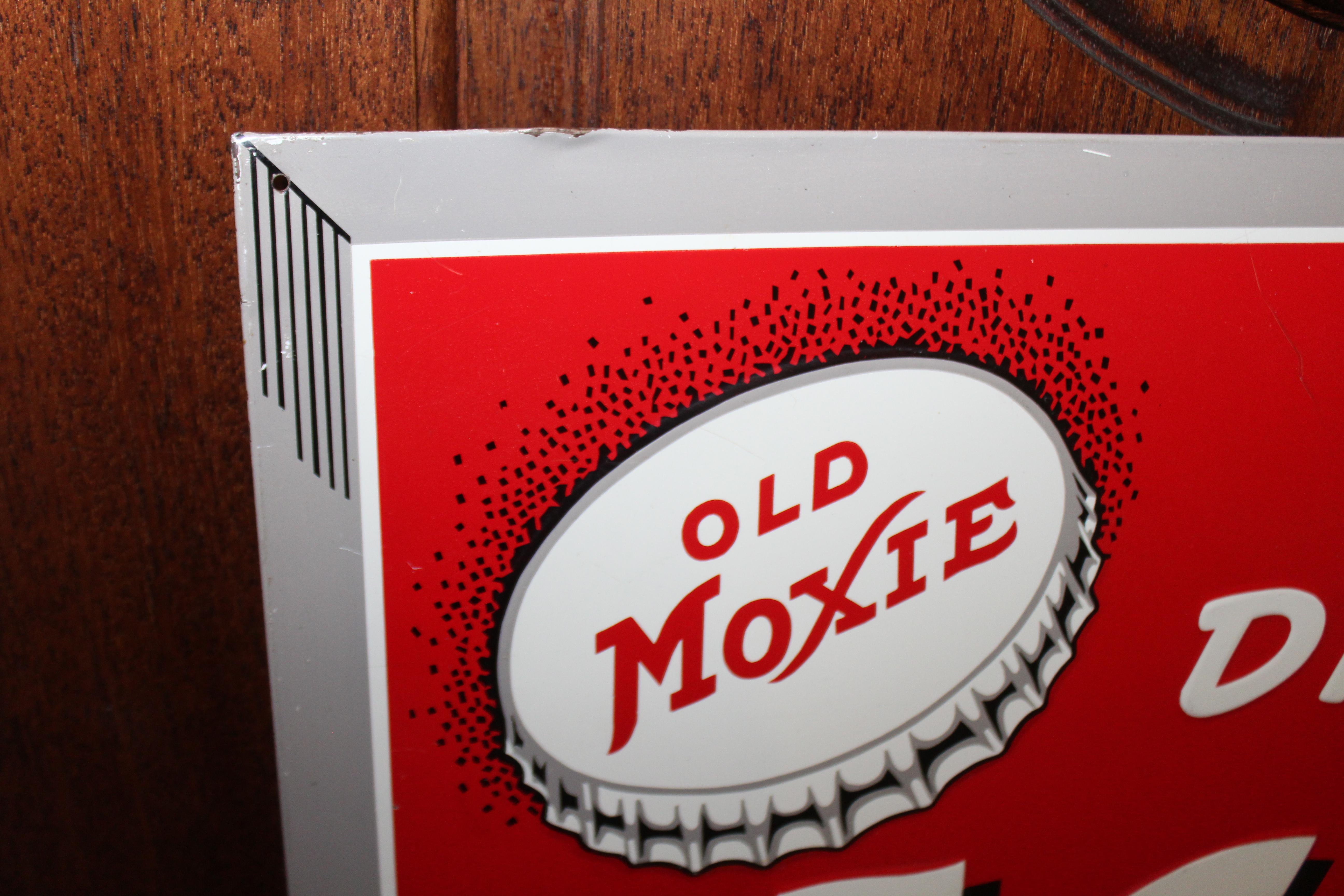 Mid-20th Century 1950s Drink Moxie Soda Tin Advertising Sign For Sale