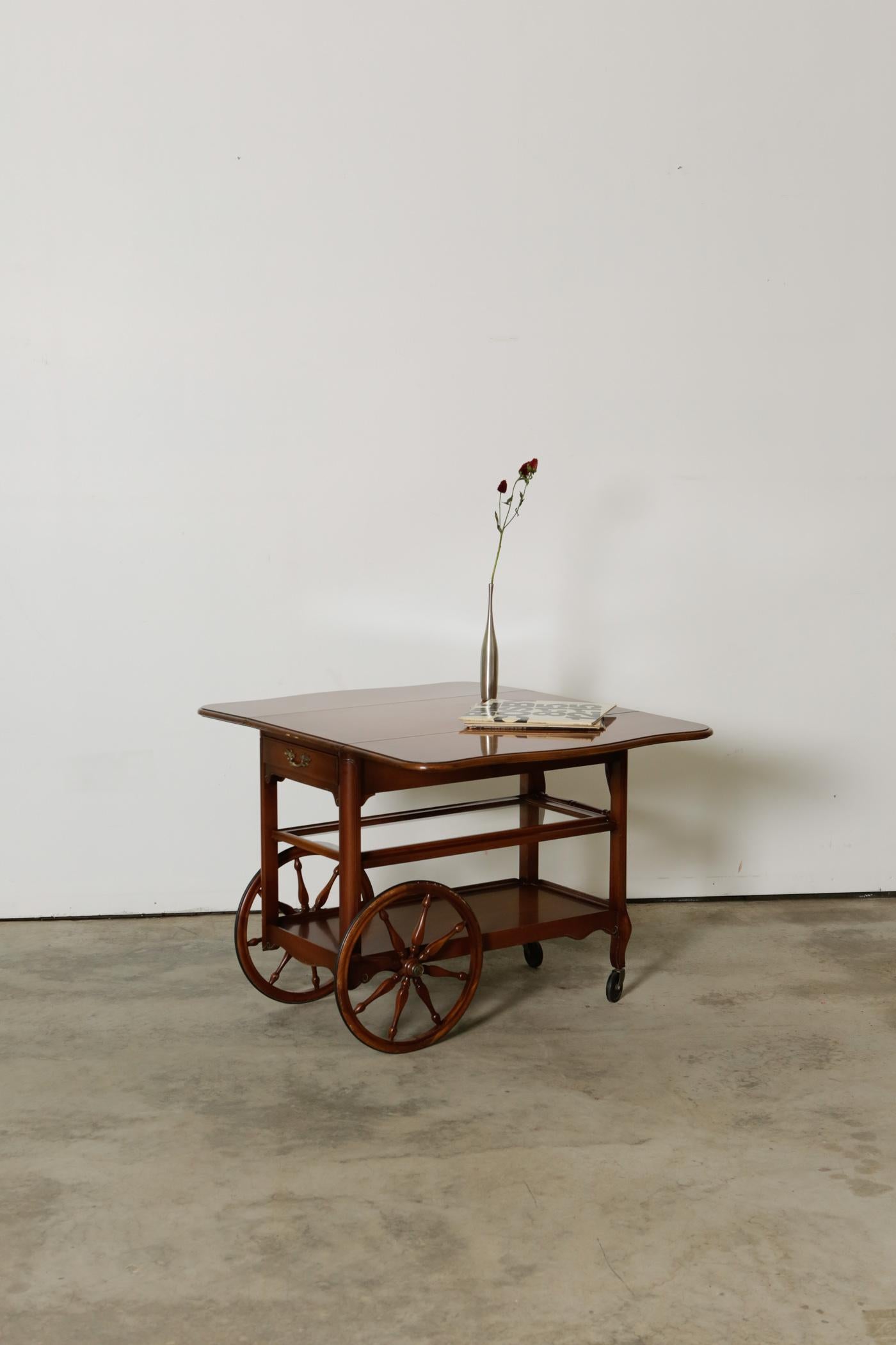 Mid-Century Modern 1950s Drop Leaf Bar Cart with Large Wheel by Imperial Furniture