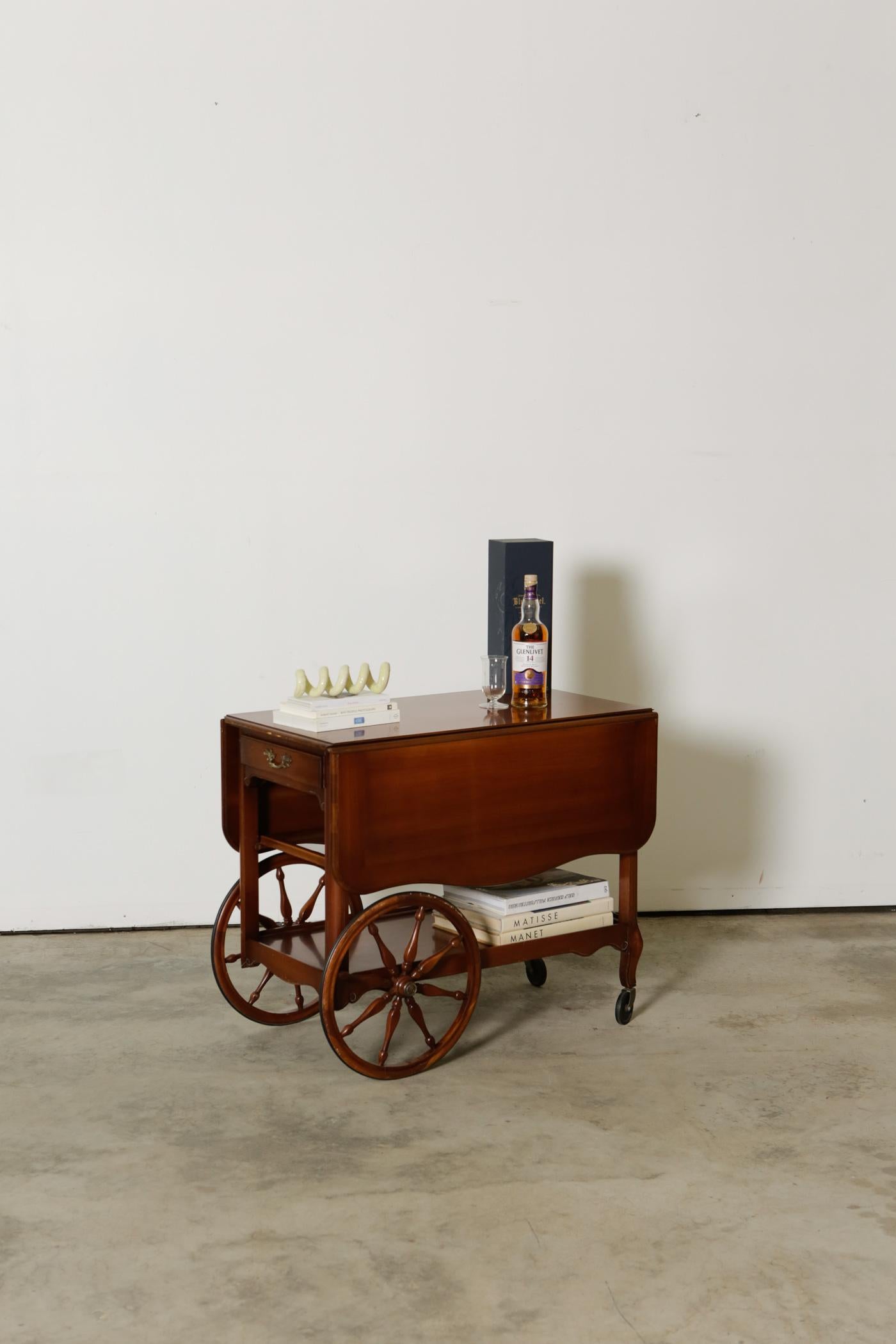 Wood 1950s Drop Leaf Bar Cart with Large Wheel by Imperial Furniture