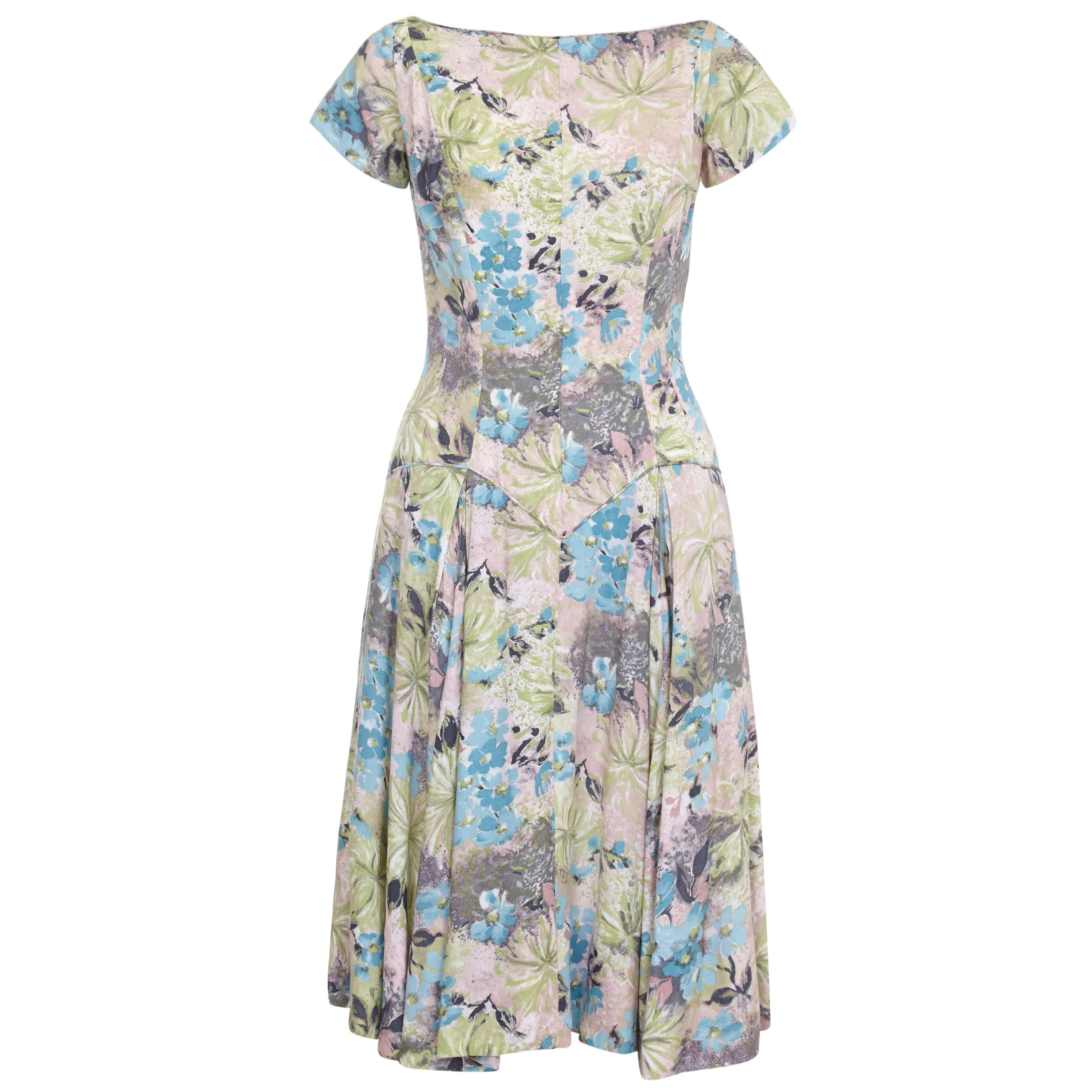 1950s Du-Rite Floral Cotton Dress With Dropped Waist  For Sale