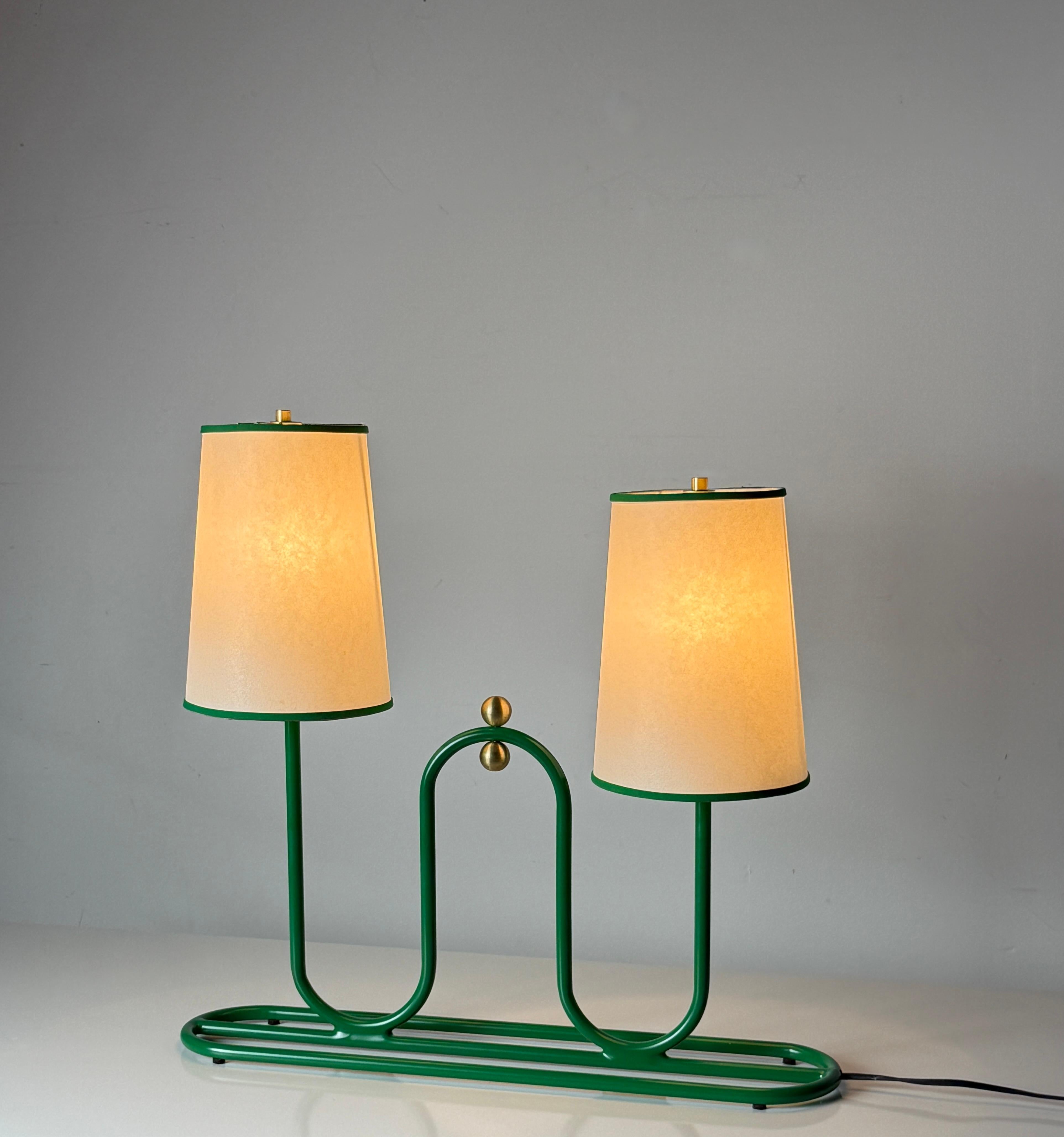 Fabric 1950s Dual Shade Green Sculptural Table or Desk Lamp For Sale
