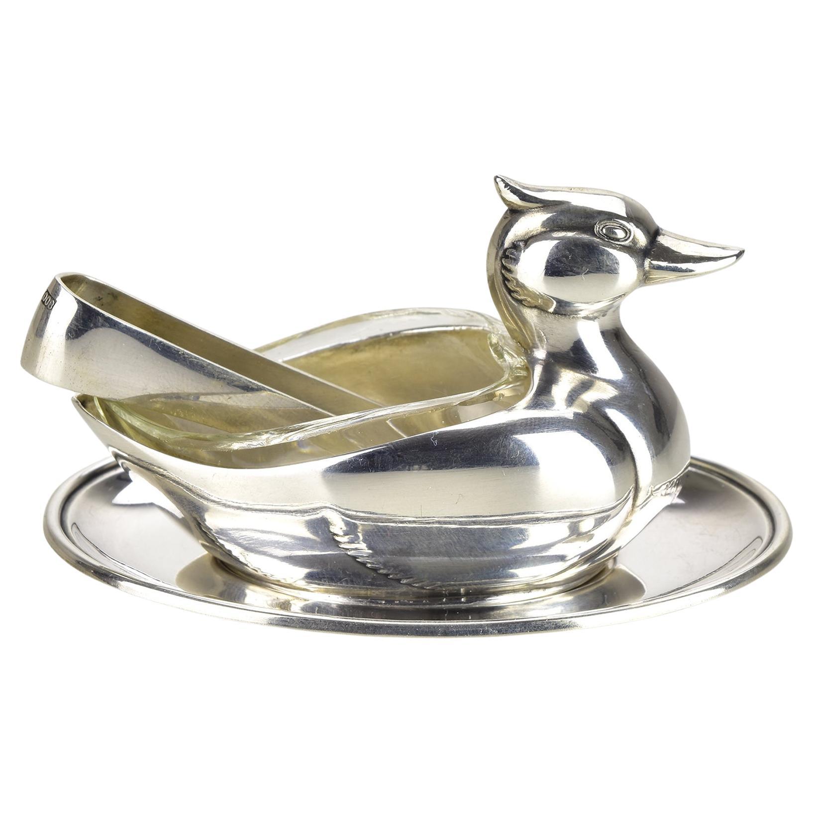 1950s Duck-Shaped 800 Silver Salt & Spice Cellar with Tongue by Jetzler Swiss