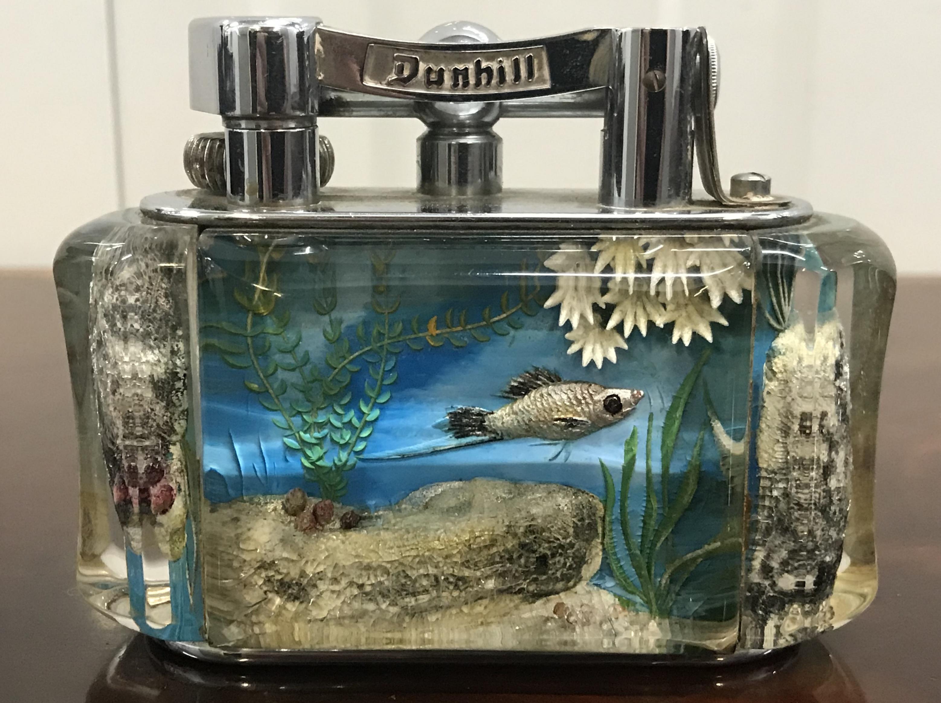 20th Century 1950s Dunhill Aquarium Oversized Table Lighter Made in England Chrome Lots Fish