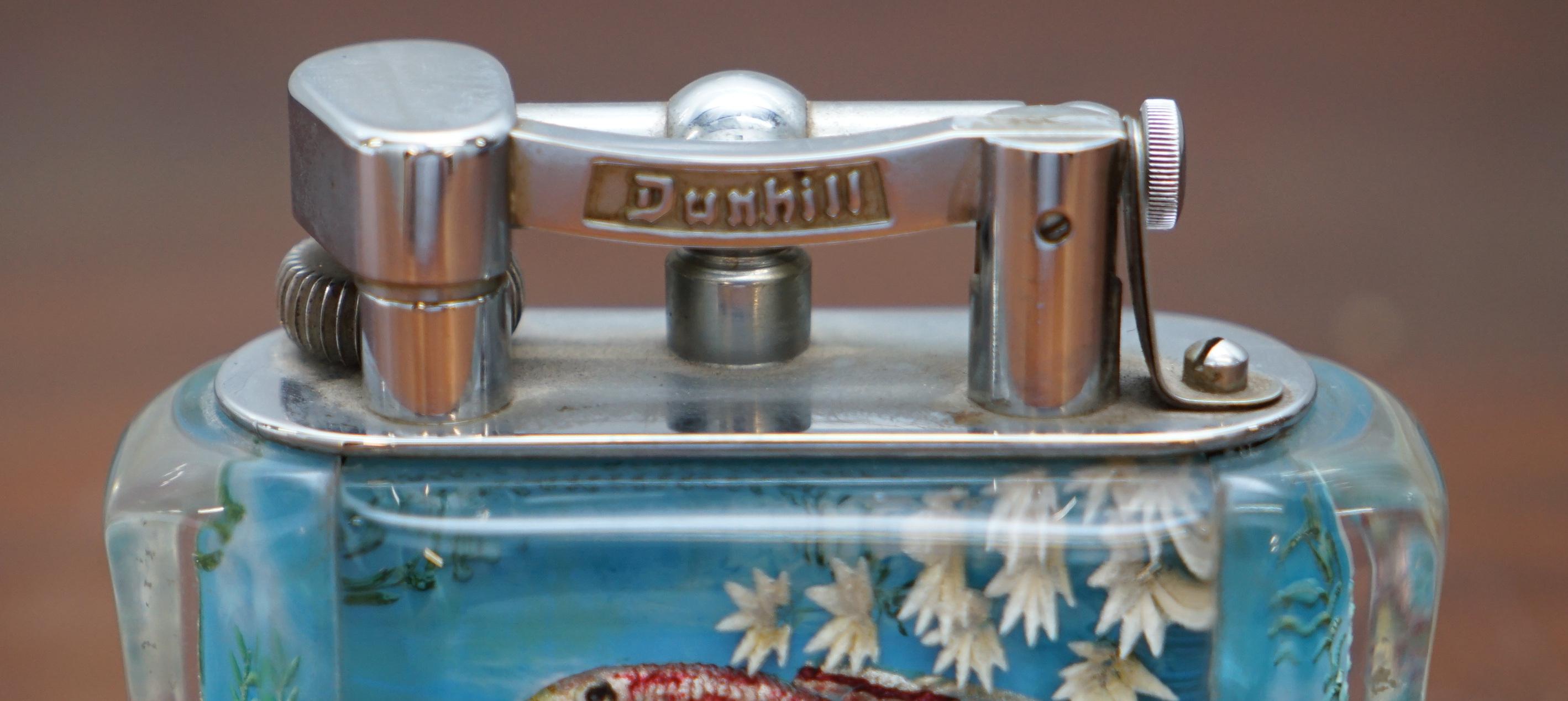 1950s Dunhill Aquarium Oversized Table Lighter Made in England Chrome Red Fish 1