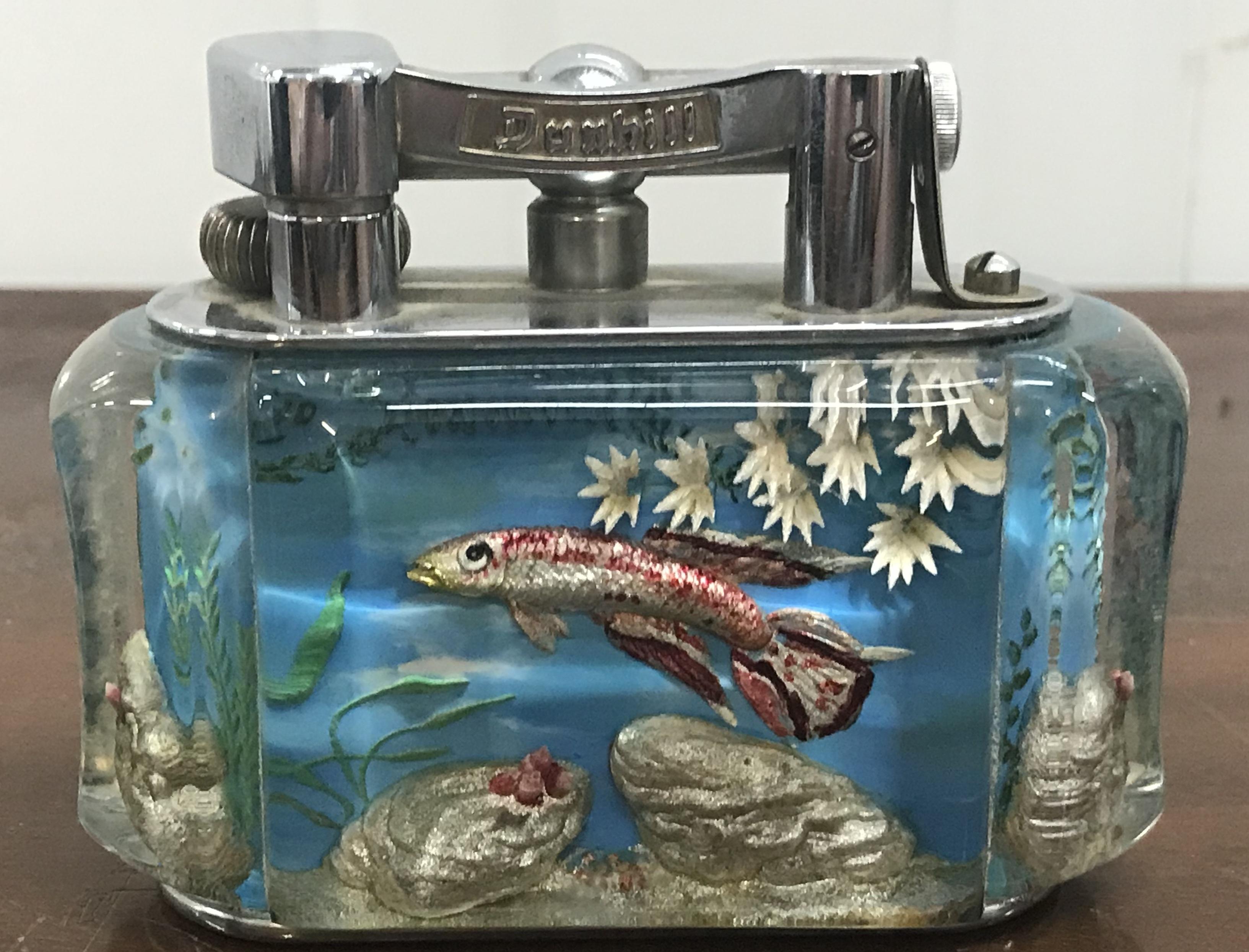 1950s Dunhill Aquarium Oversized Table Lighter Made in England Chrome Red Fish 3
