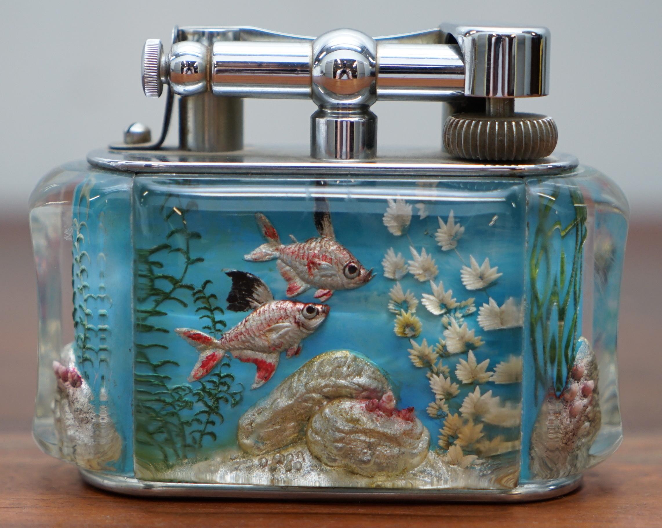 Hand-Crafted 1950s Dunhill Aquarium Oversized Table Lighter Made in England Chrome Red Fish