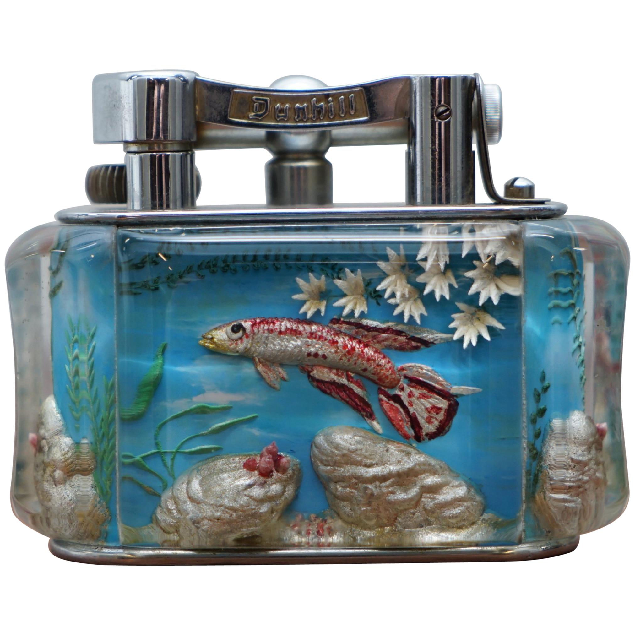 1950s Dunhill Aquarium Oversized Table Lighter Made in England Chrome Red Fish