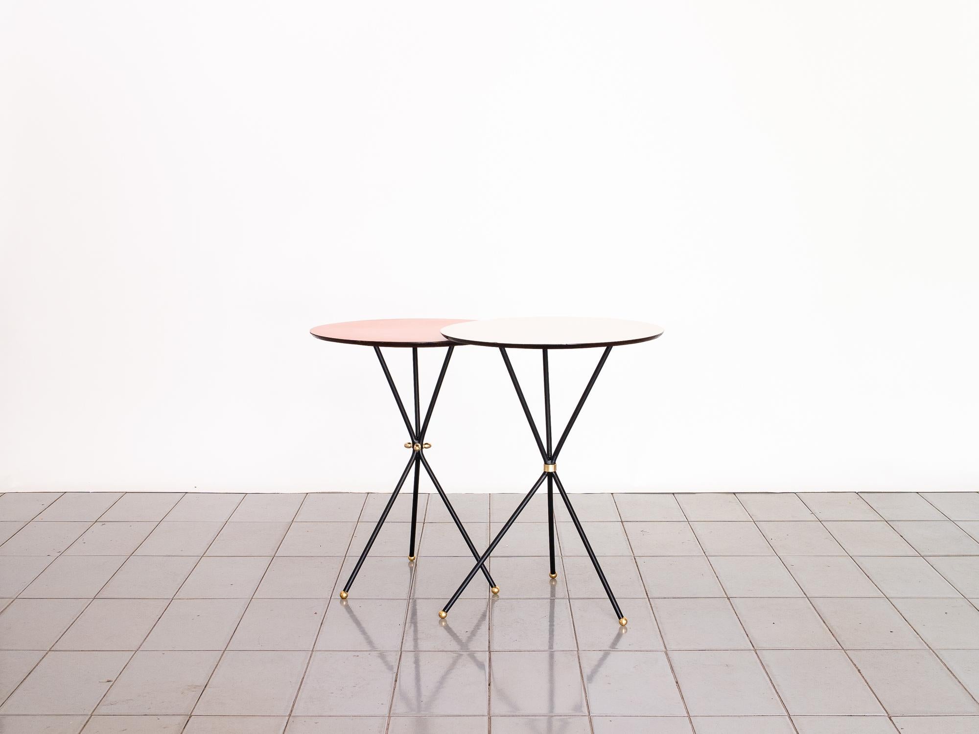 Mid-Century Modern 1950s Duo of Tripod Side Tables in Iron, Brass and Formica, Brazil Modern