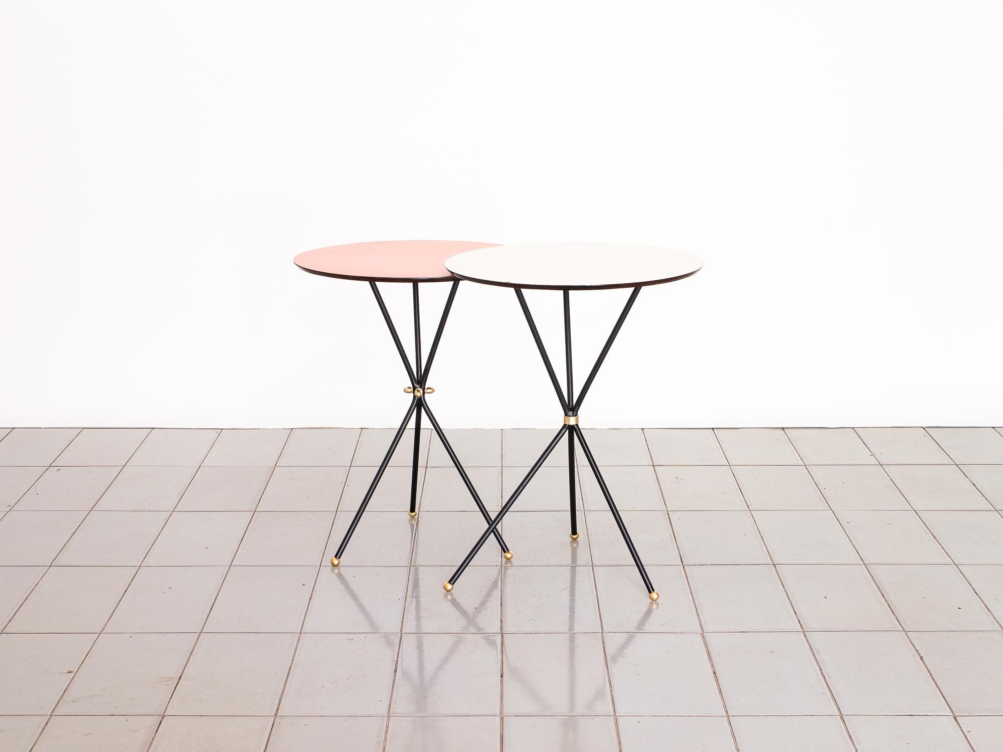 Brazilian 1950s Duo of Tripod Side Tables in Iron, Brass and Formica, Brazil Modern
