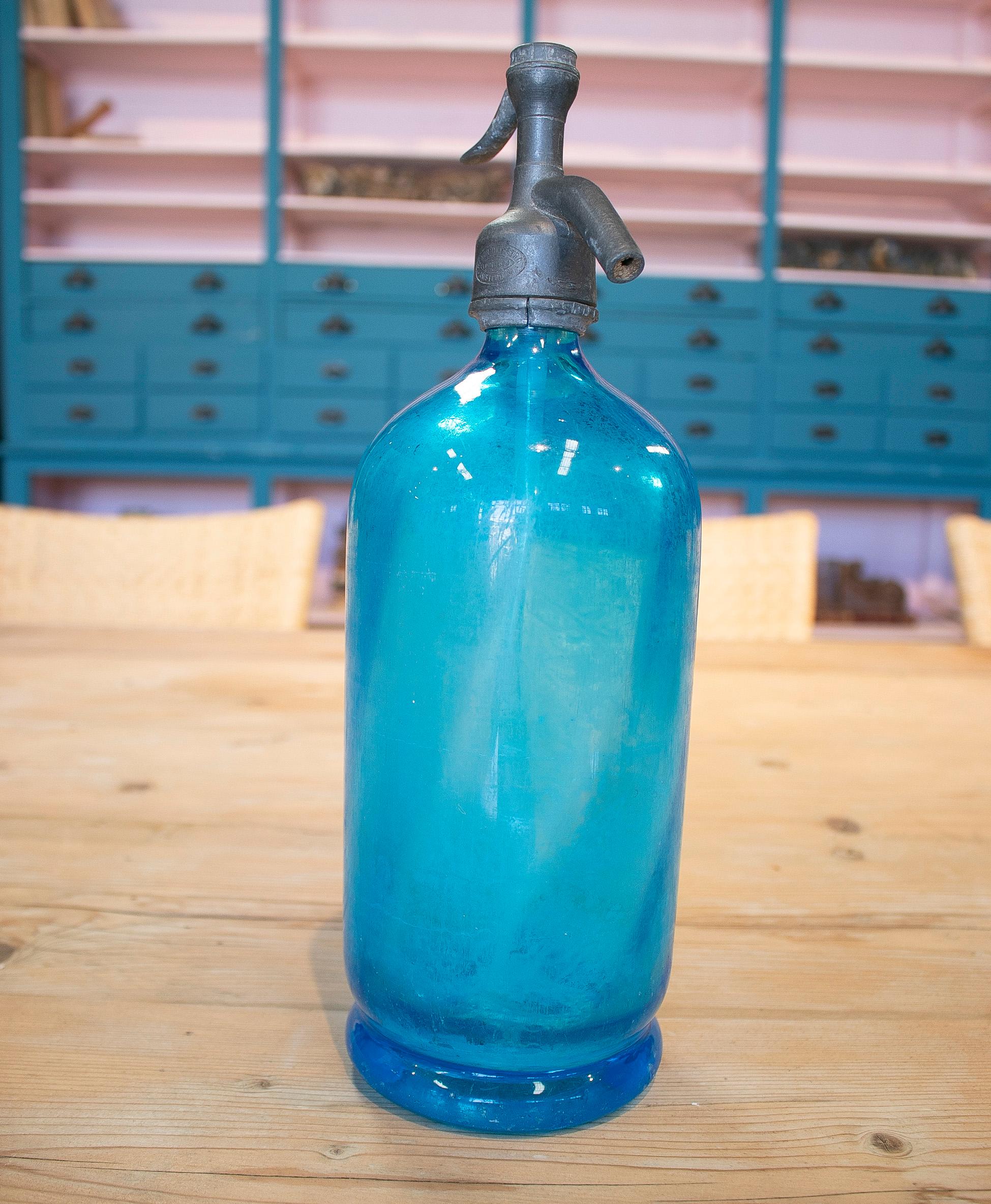 Vintage 1950s Dutch blue glass soda siphon seltzer bottle with 