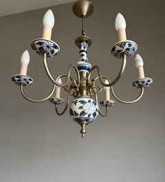 1950s Dutch Brass and Porcelain Hand Painted Delft Blue and White Chandelier