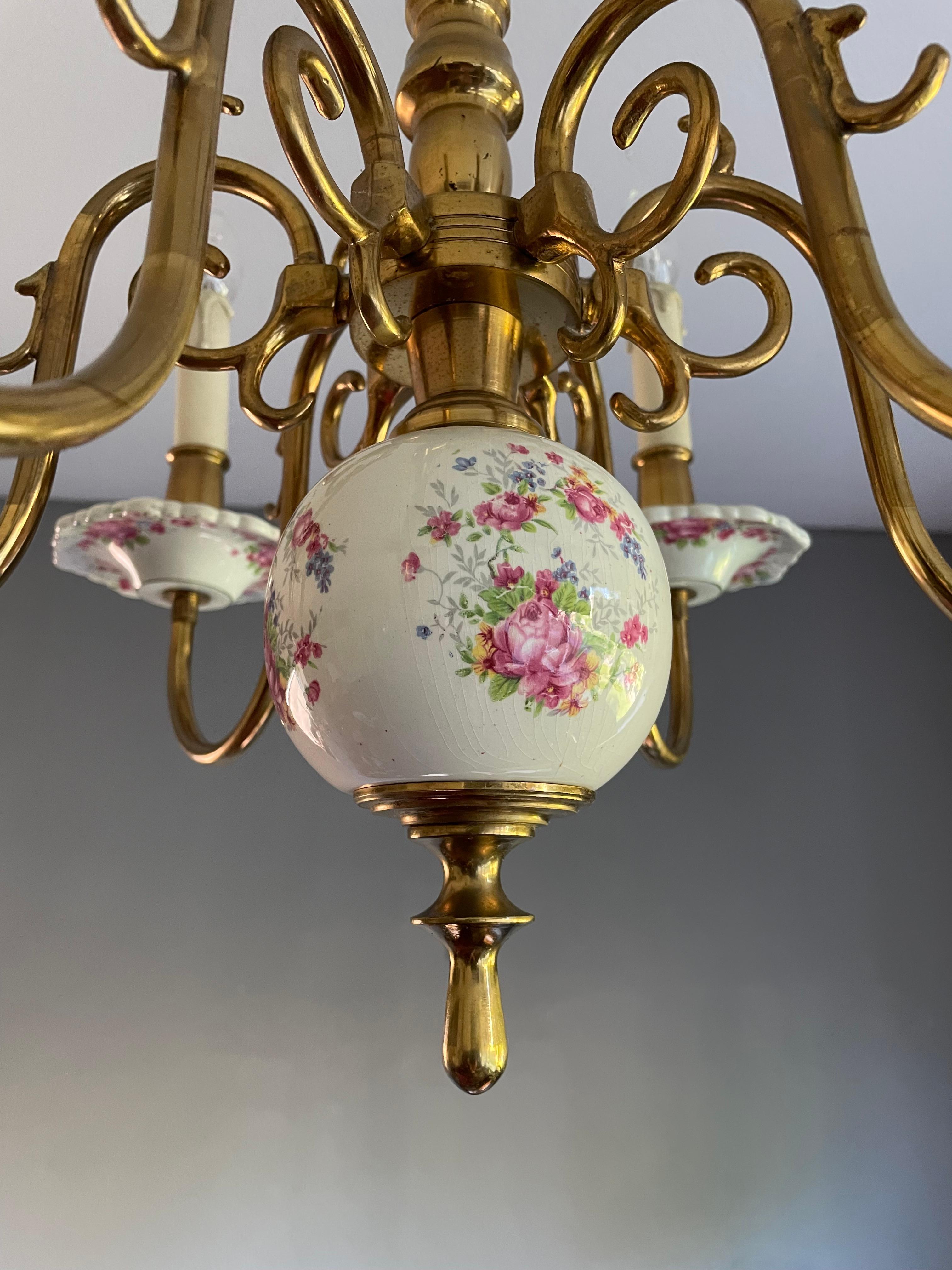 1950s Dutch Brass & Porcelain Delftware Chandelier Pendant W. Hand Painted Roses 2