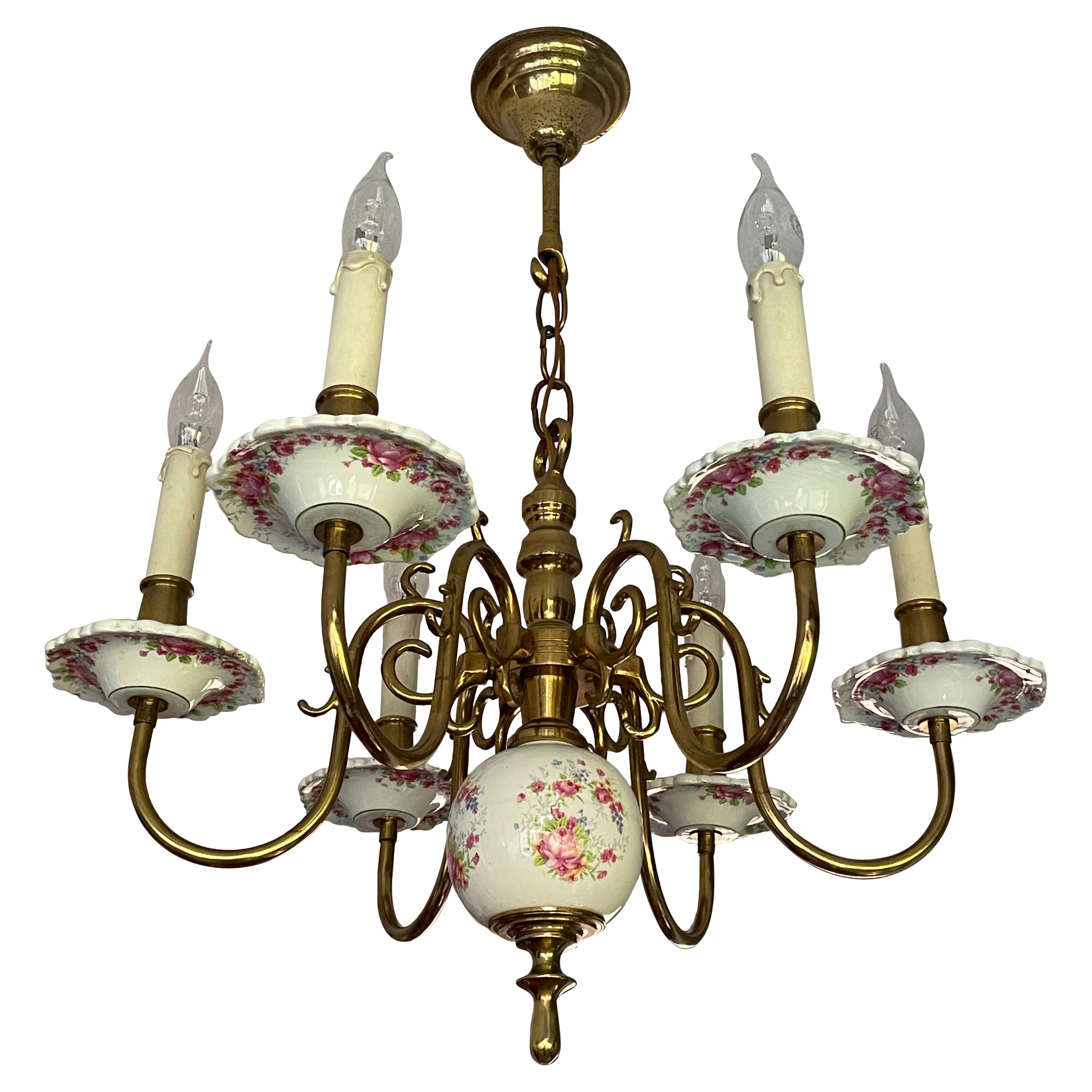 1950s Dutch Brass & Porcelain Delftware Chandelier Pendant W. Hand Painted Roses
