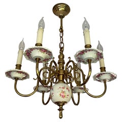 Retro 1950s Dutch Brass & Porcelain Delftware Chandelier Pendant W. Hand Painted Roses