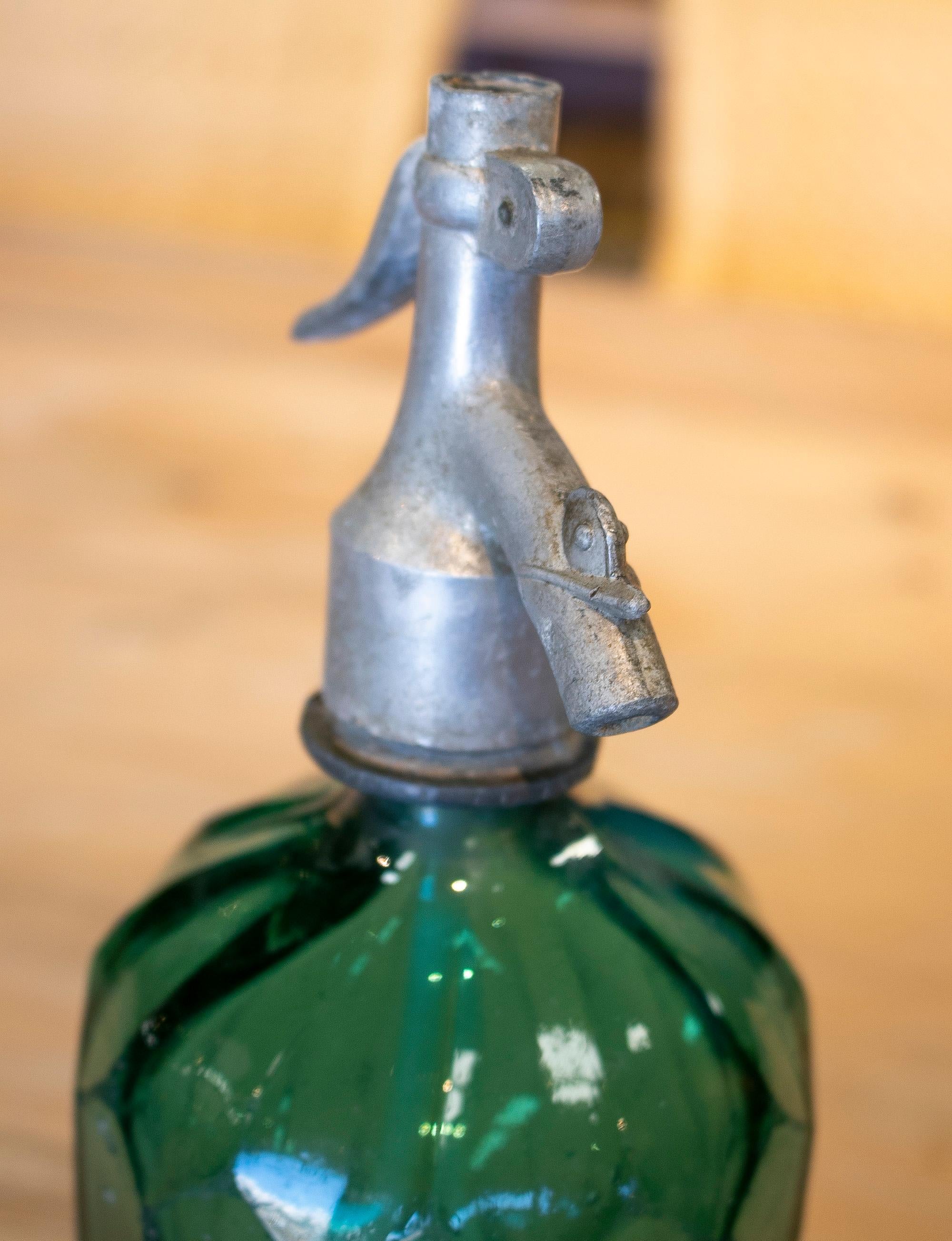 1950s Dutch Green Glass Soda Siphon Seltzer Bottle w/ Metal Tap 3
