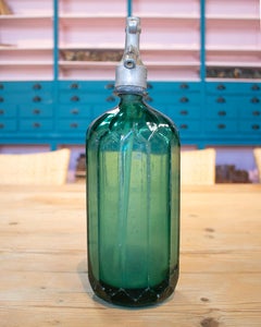 1950s Dutch Green Glass Soda Siphon Seltzer Bottle w/ Metal Tap