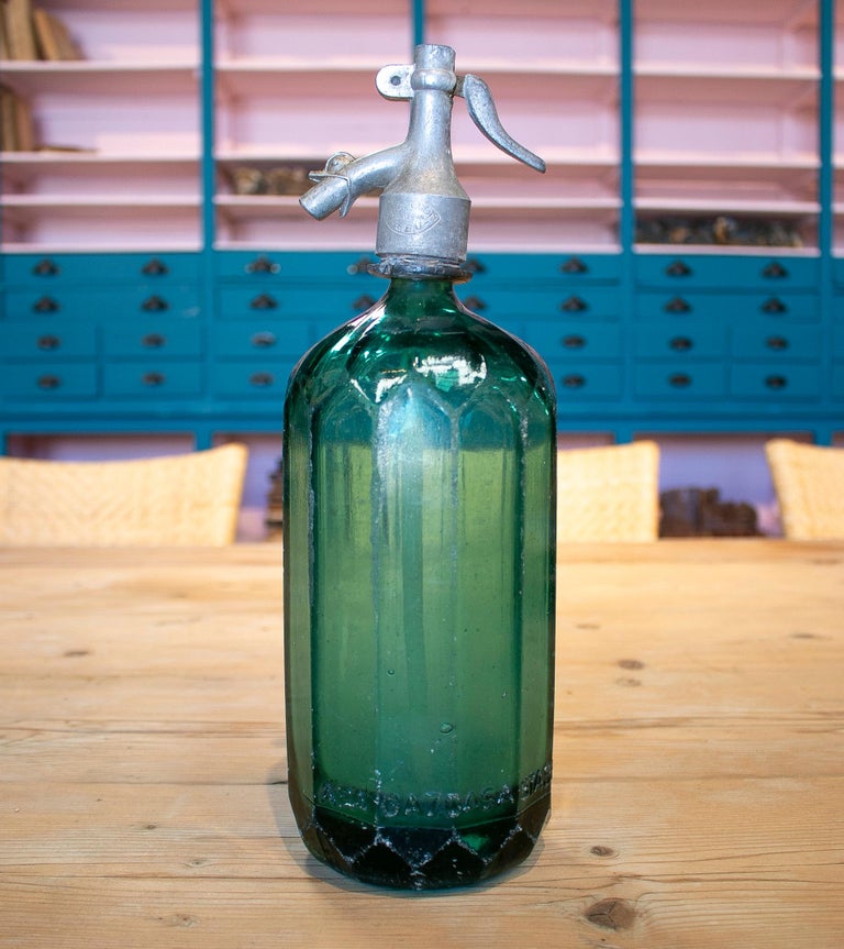 1950s Dutch Green Glass Soda Siphon Seltzer Bottle w/ Metal Tap For