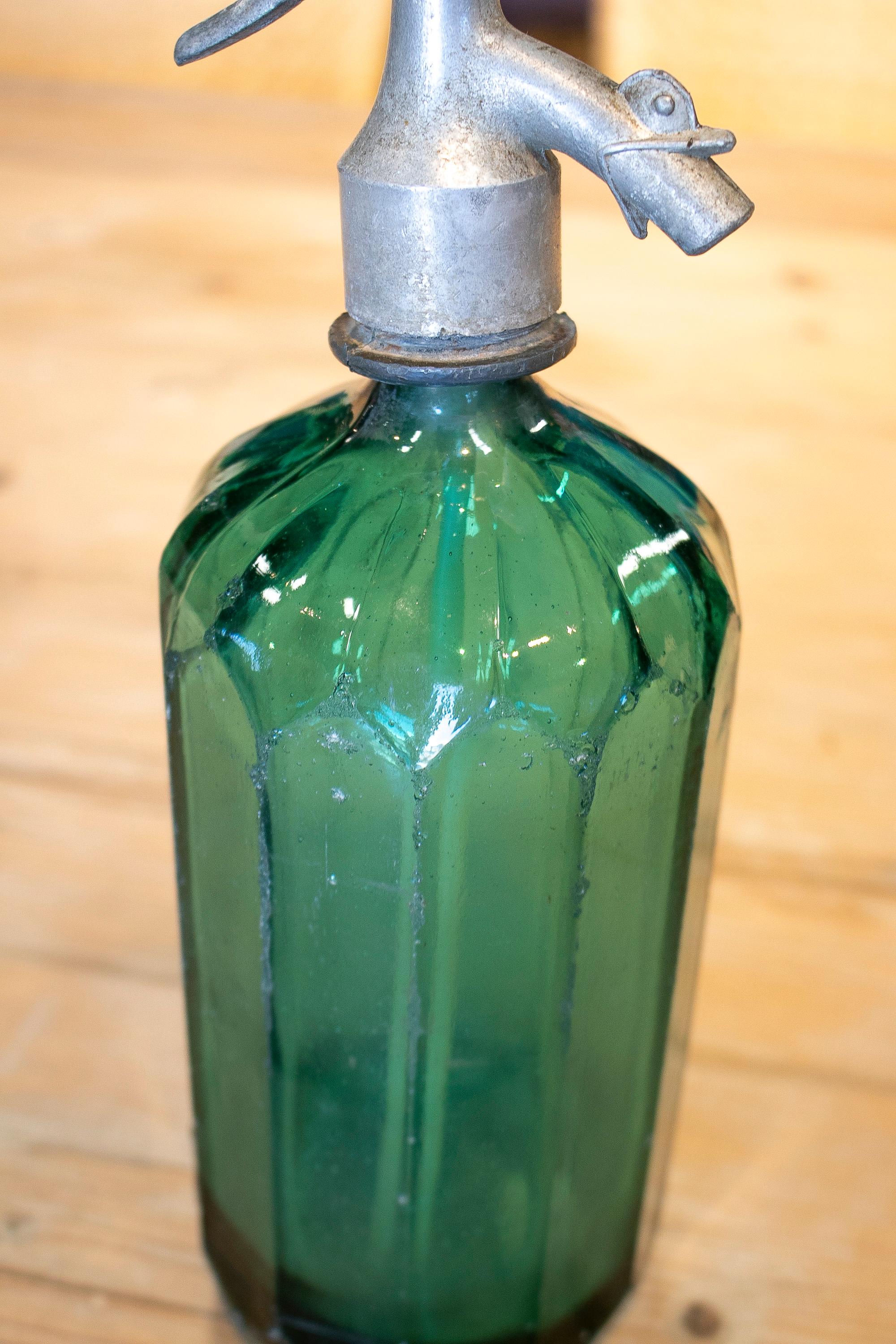 1950s Dutch Green Glass Soda Siphon Seltzer Bottle w/ Metal Tap 1