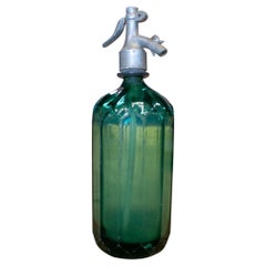 1950s Dutch Green Glass Soda Siphon Seltzer Bottle w/ Metal Tap