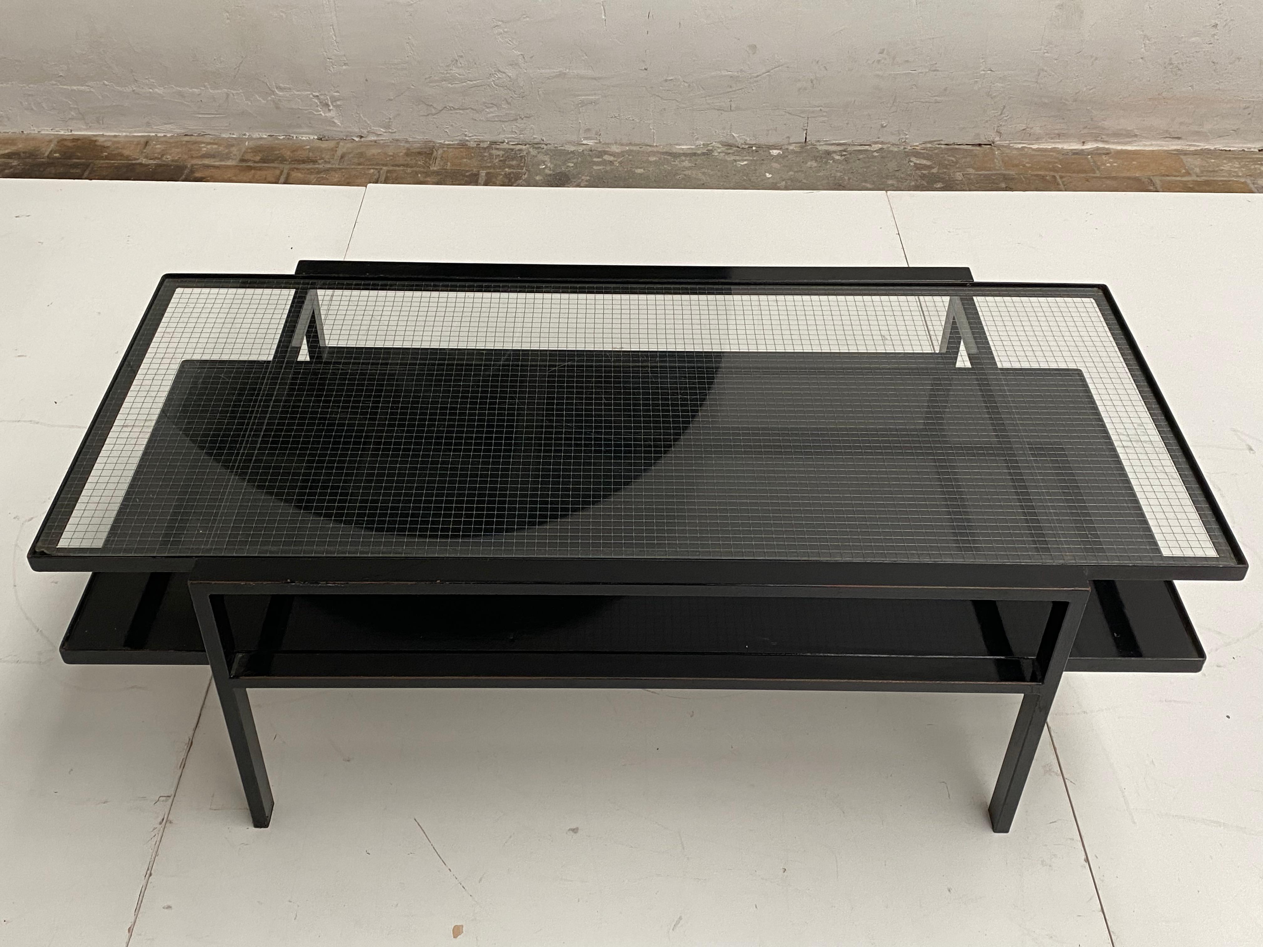 Enameled 1950s Dutch Modernist Architect House 2 Tier Glass & Steel Coffee Table 