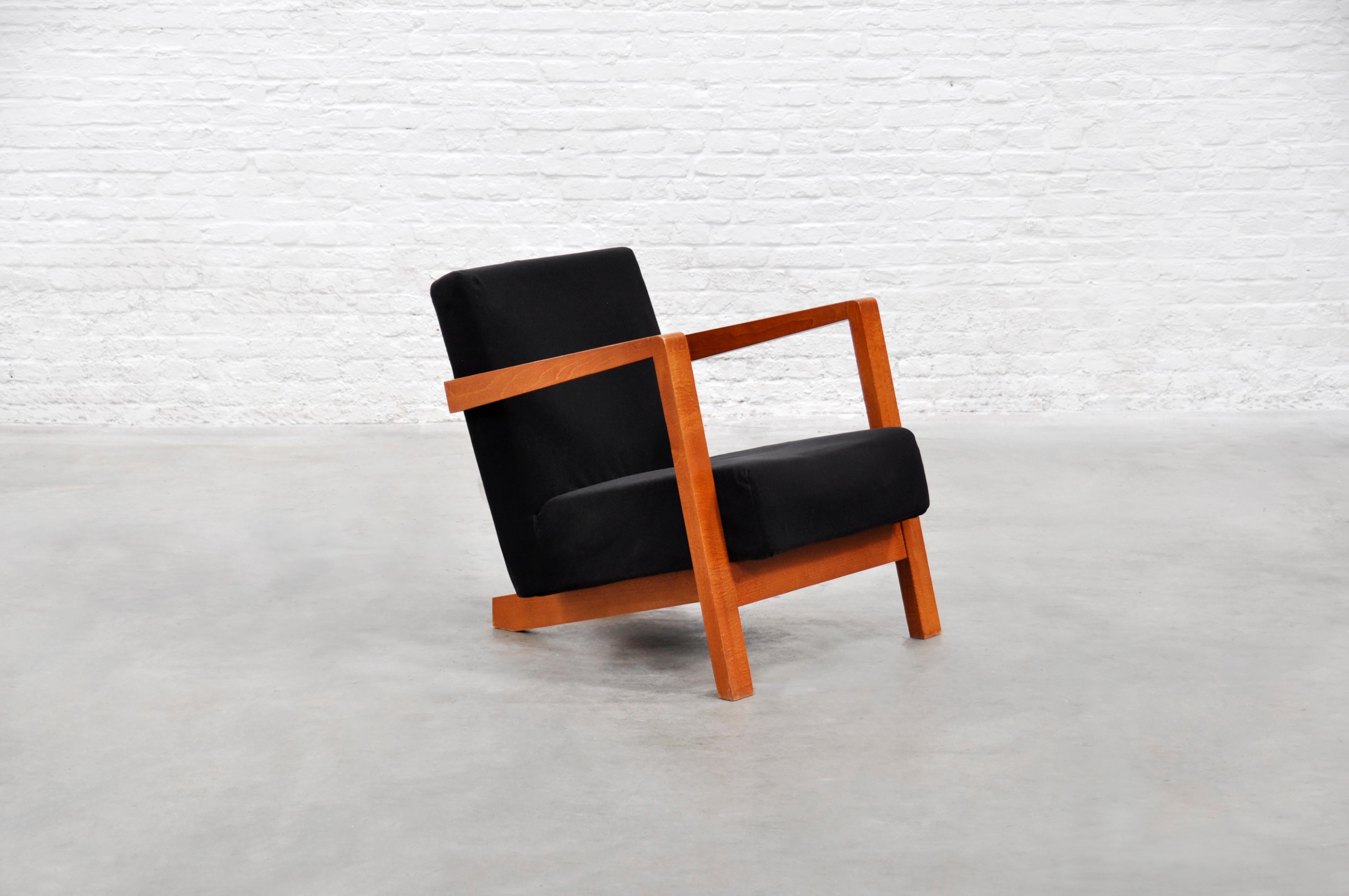 Mid-Century Modern 1950s Dutch Modernist Low-Profile Armchair in Black Upholstery For Sale