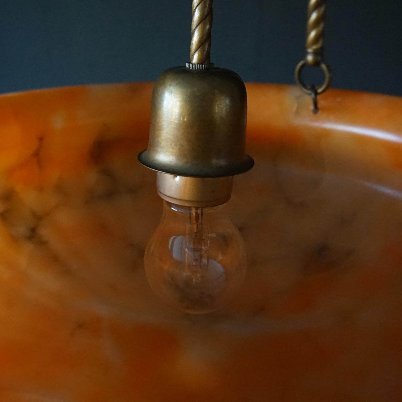 1950s Dutch Salmon Pink Orange Carved Alabaster Pendant with Turned Brass Rods For Sale 11
