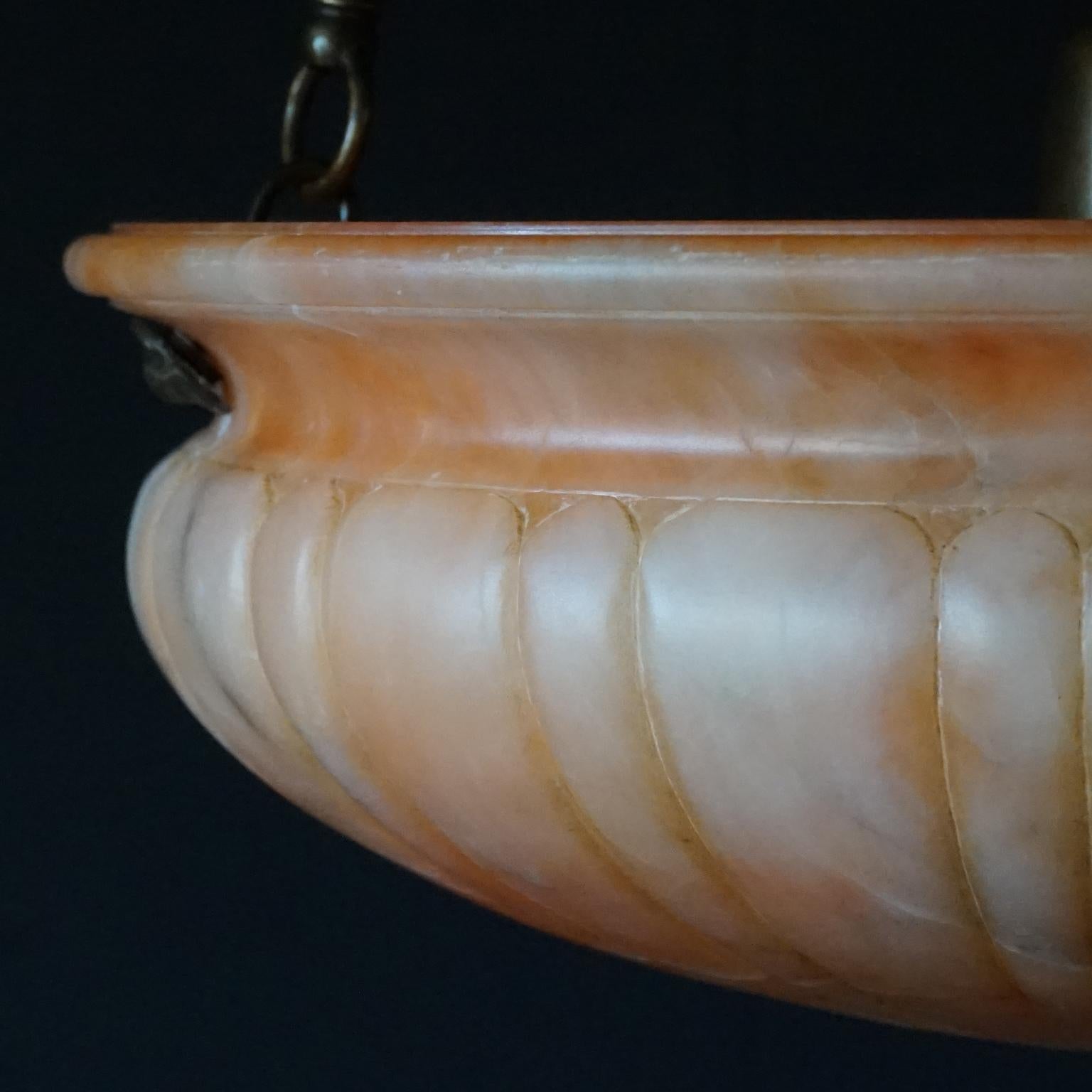 1950s Dutch Salmon Pink Orange Carved Alabaster Pendant with Turned Brass Rods For Sale 4