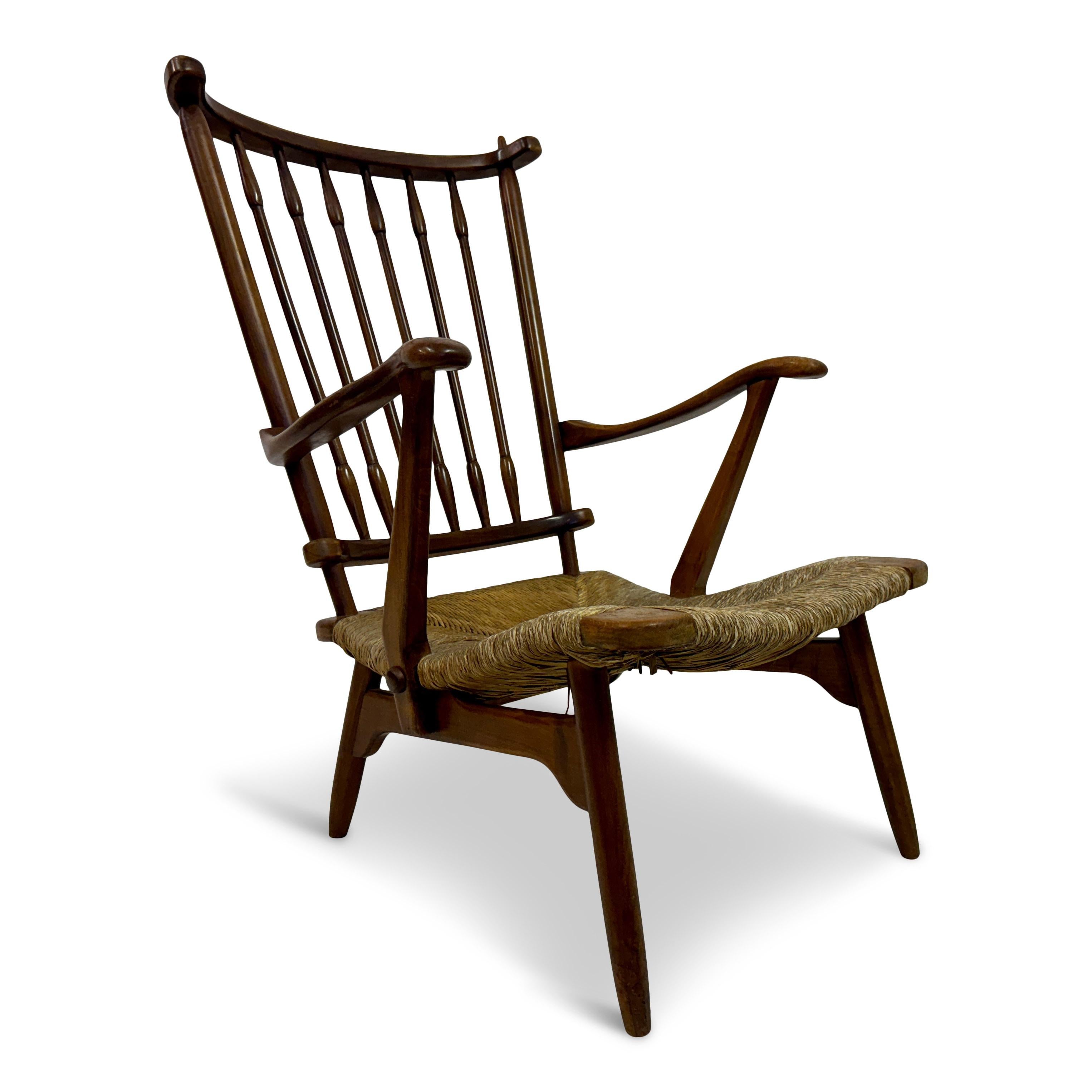 Mid-Century Modern 1950s Dutch Stick Back and Rush Seat by De Ster Gelderland For Sale