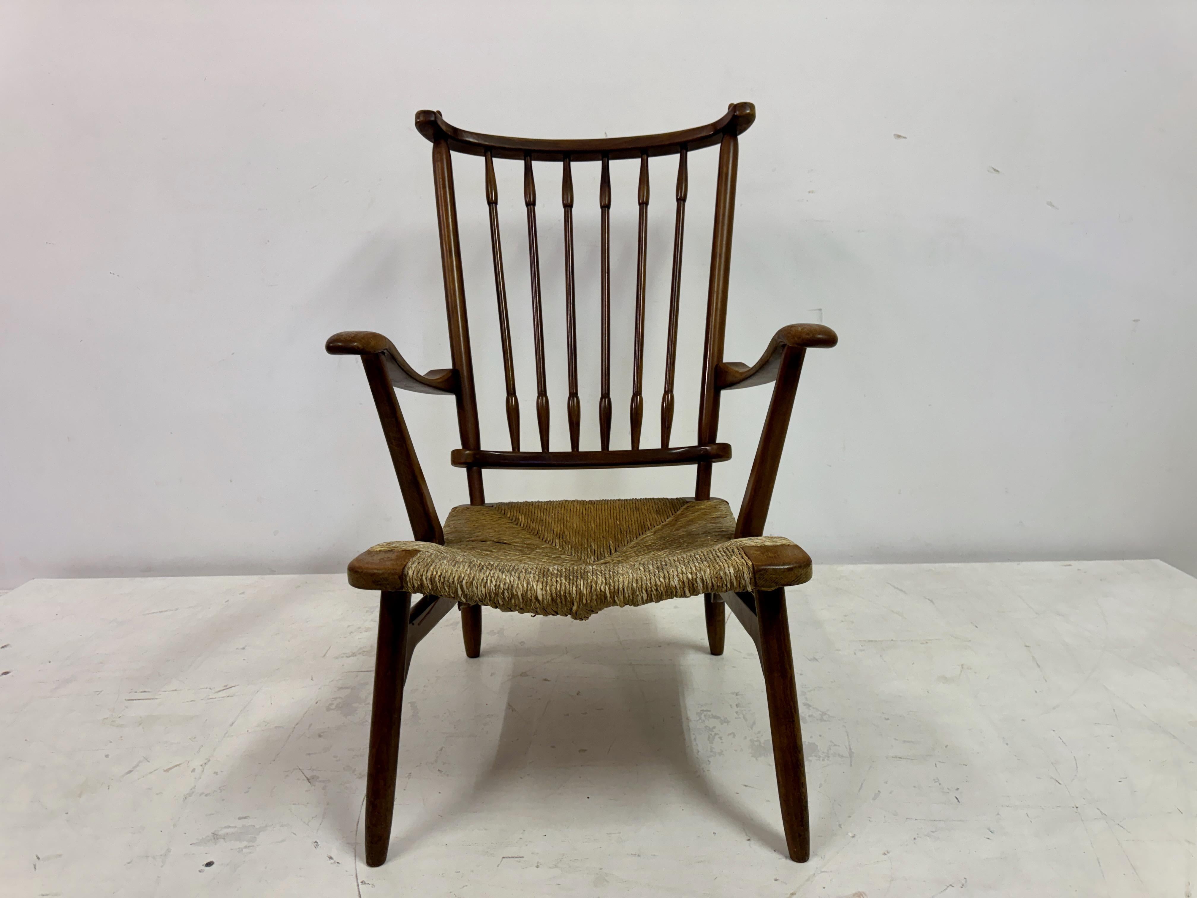 1950s Dutch Stick Back and Rush Seat by De Ster Gelderland In Good Condition For Sale In London, London