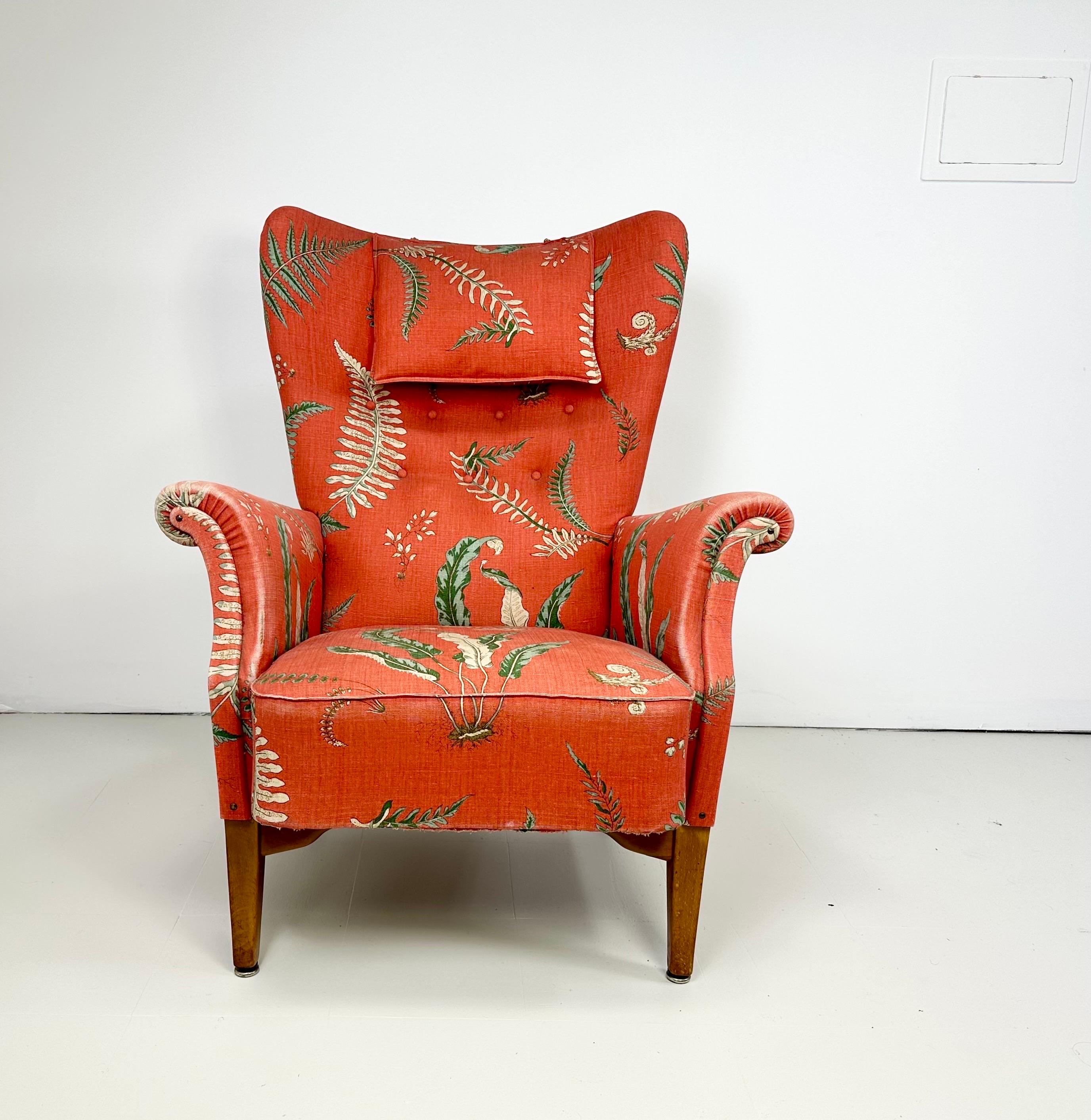 Scandinavian Modern 1950’s Dux Lounge Chair With Vintage “Fern” Upholstery For Sale