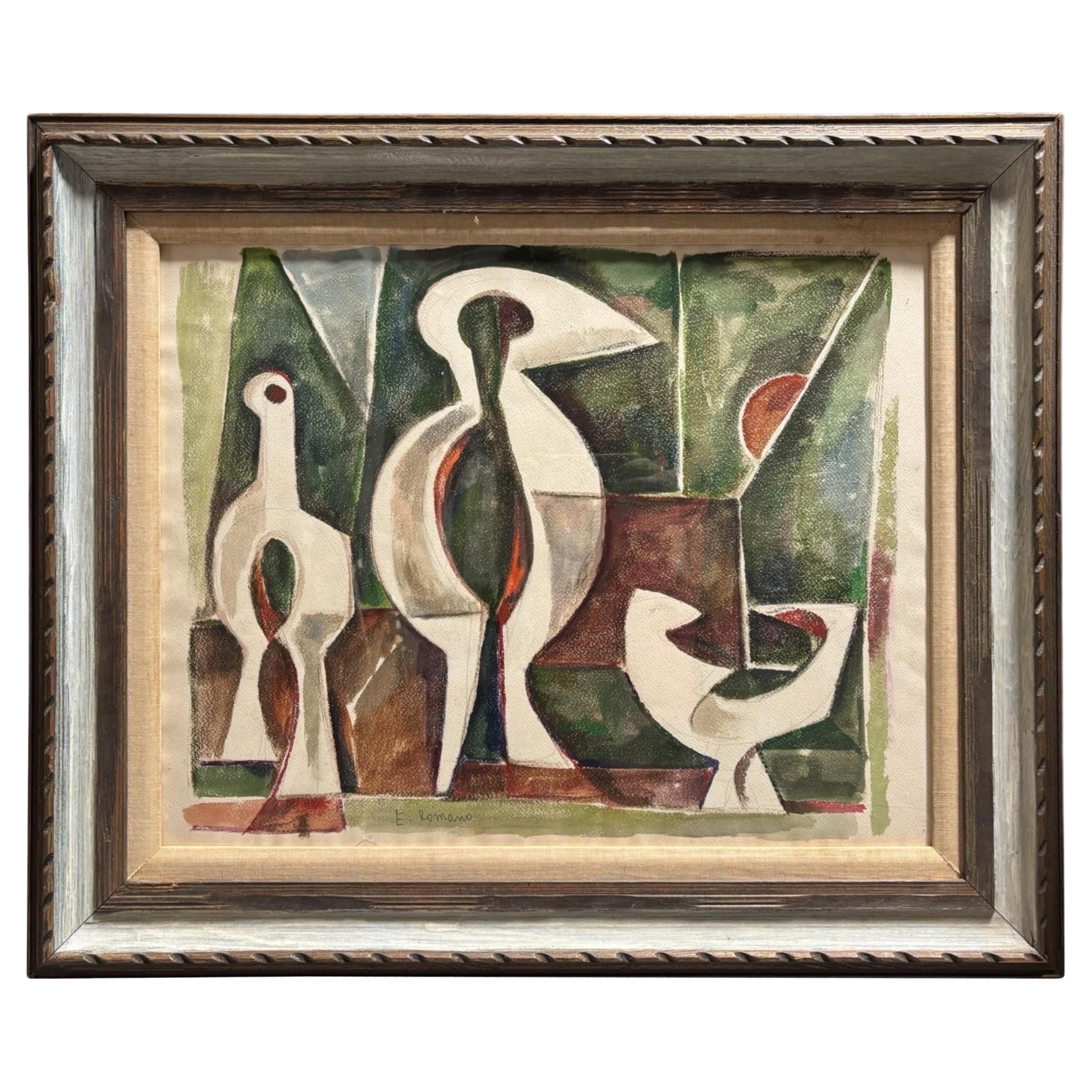 1950’s E. Romano "Bird Abstractions" Watercolor Painting