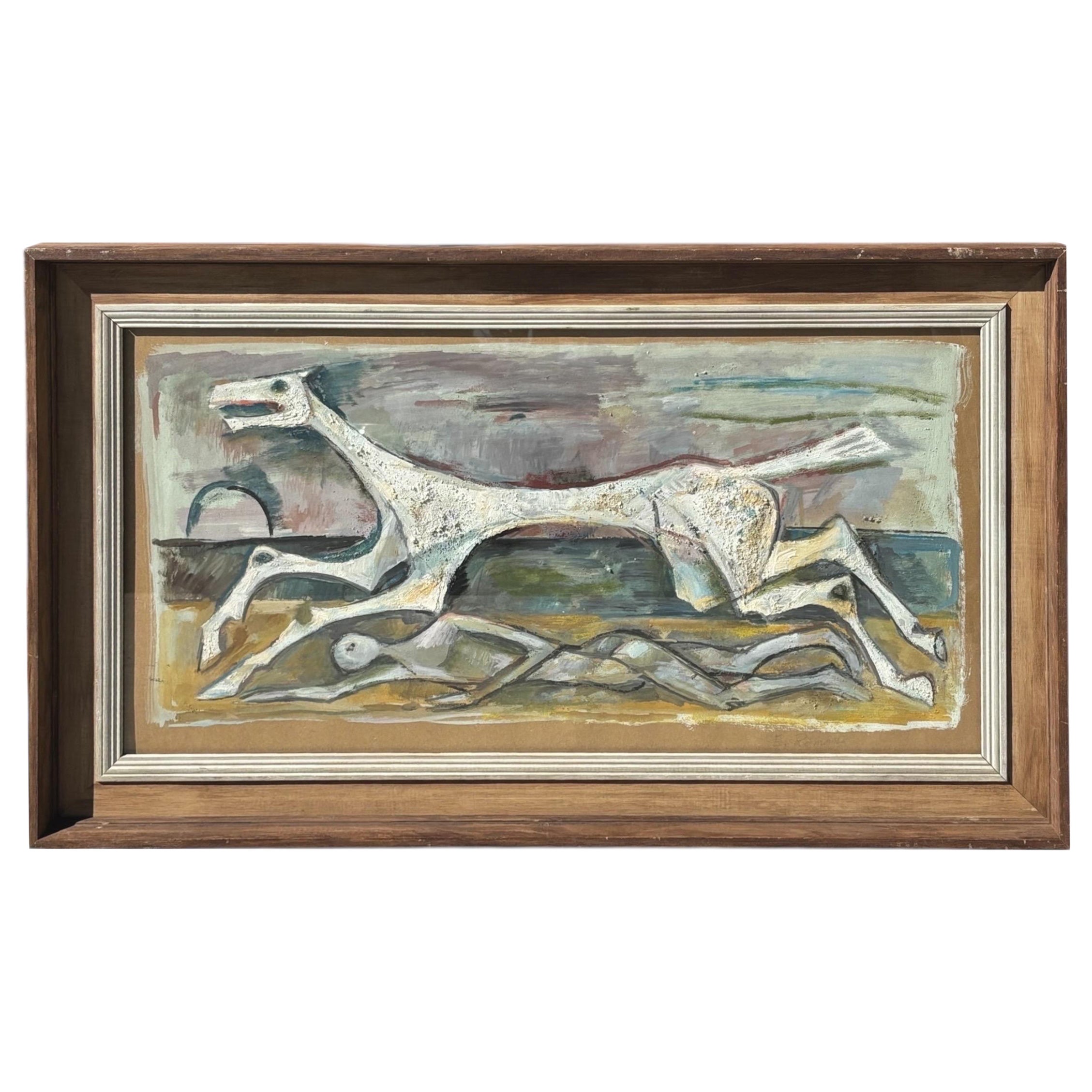 1950er Jahre E. Romano "Mann und Pferd" Gerahmtes Ölgemälde