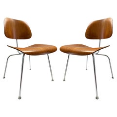 1950s Eames Moulded Plywood Metal Base Dining Chairs DCM, Herman Miller, pair