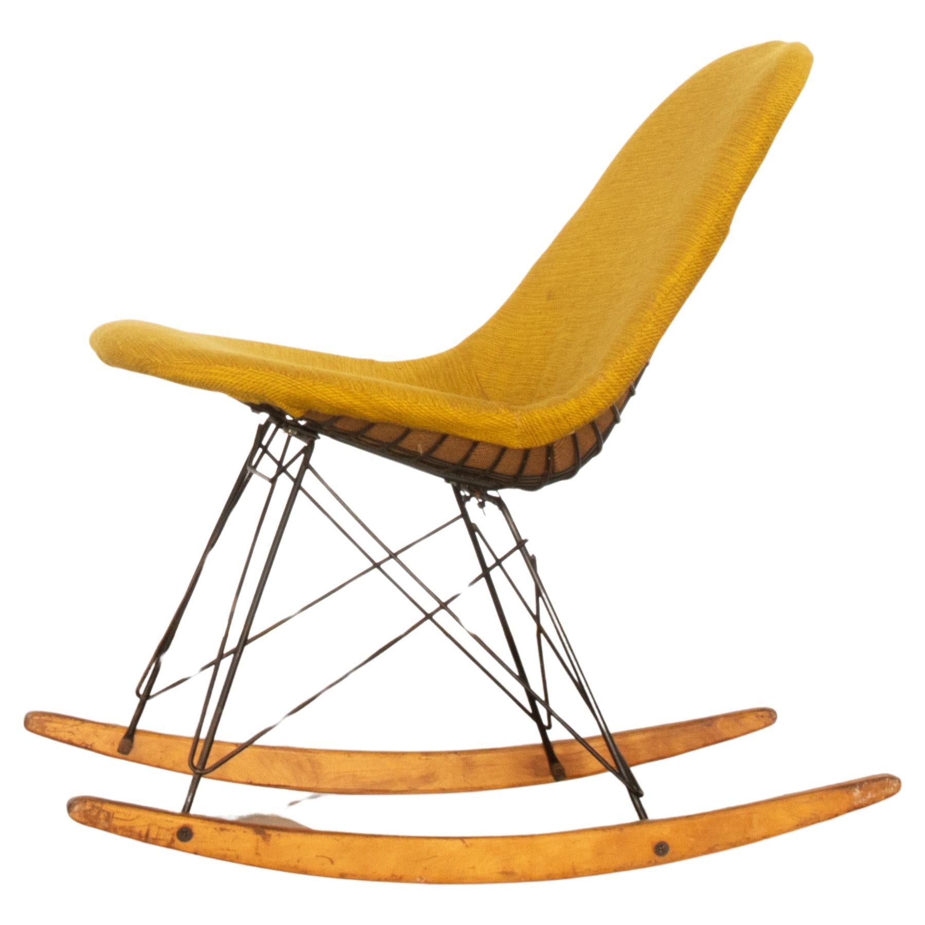 1950s Eames RKR Rocking Wire Side Chair with Yellow Hopsak original cover. For Sale