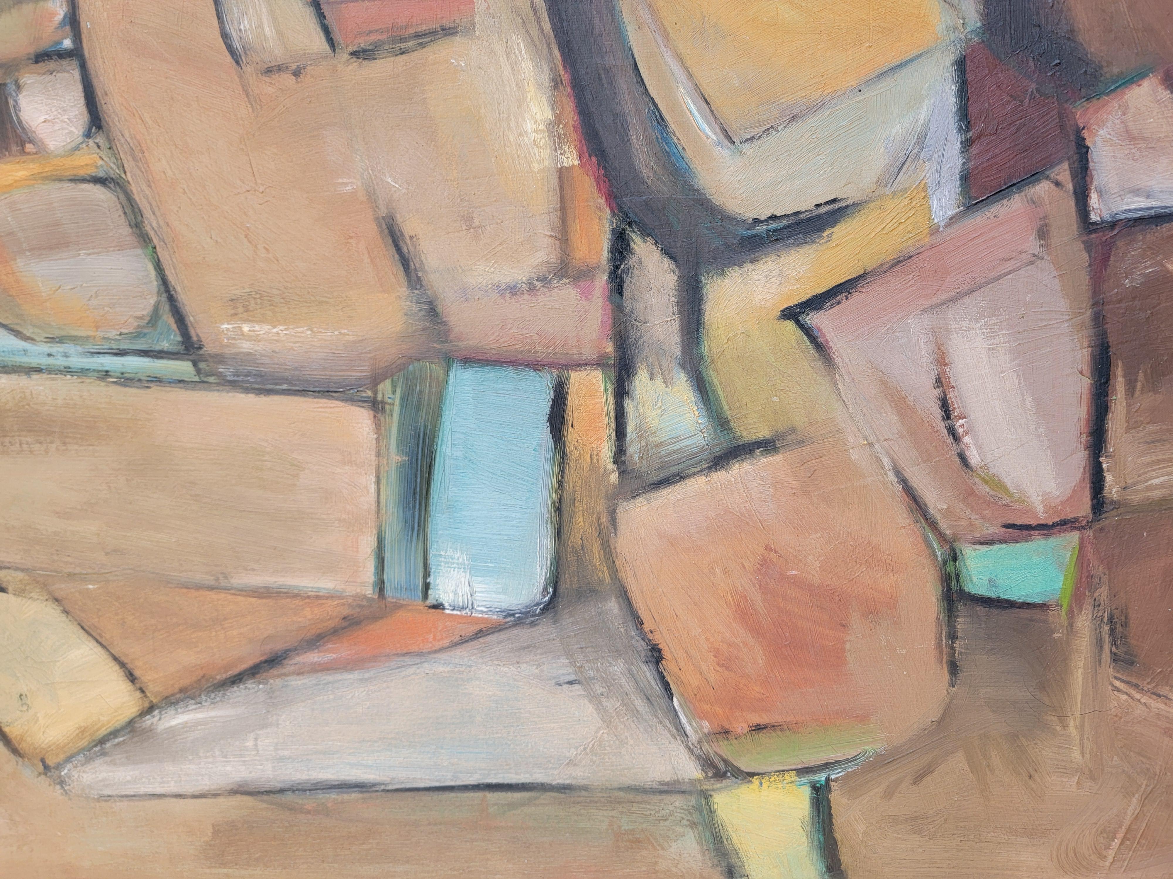 A period Mid-Century Modern abstract oil painting on canvas with earth tone colors. Signed lower right. Original wood frame. 

36.25 inched High.
26.13 inches Wide.
1.13. inched Deep.

Randall Morgan was born in Knightstown, Indiana in 1920. He held
