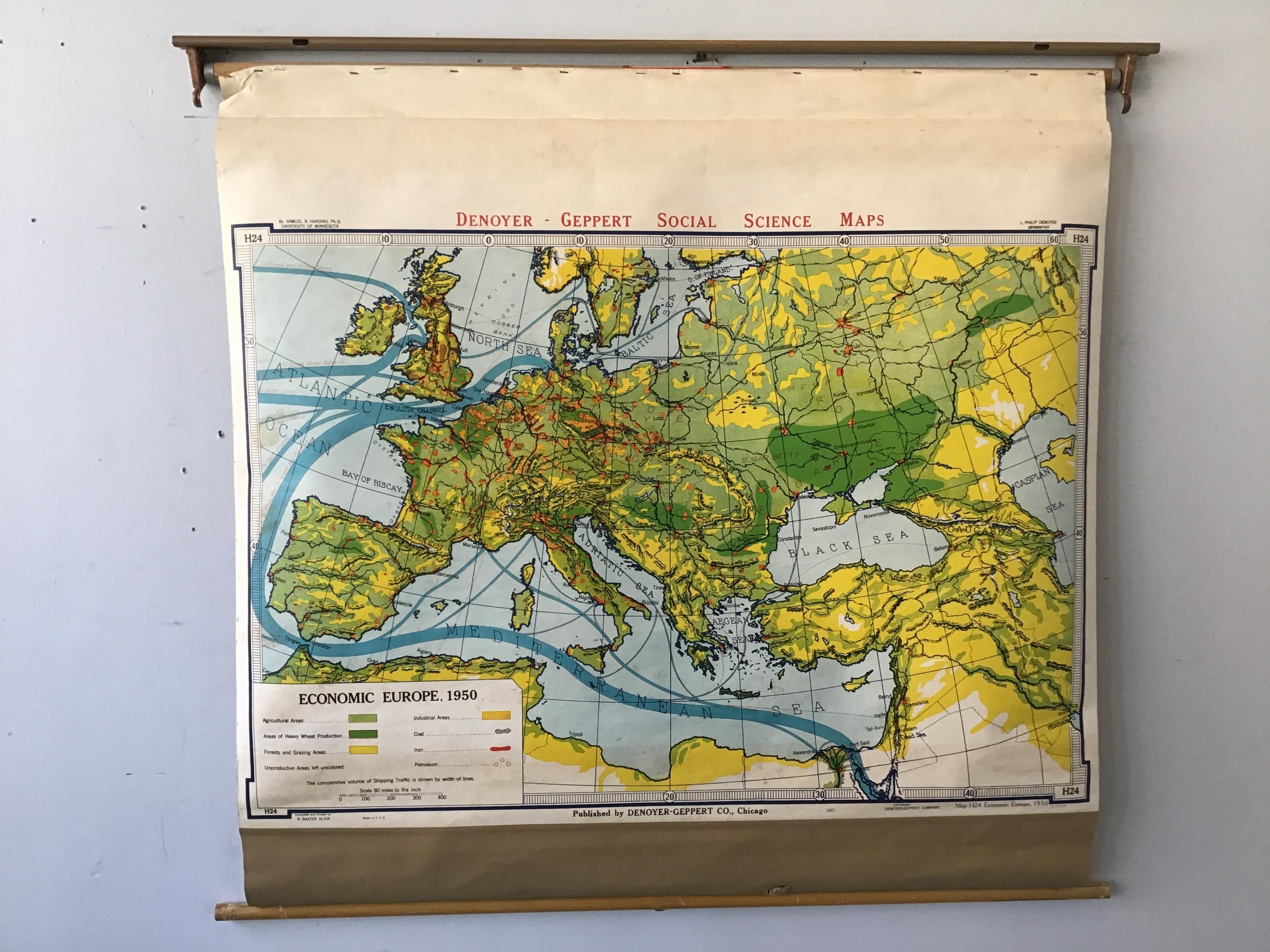 1950s economic European pull down school map.