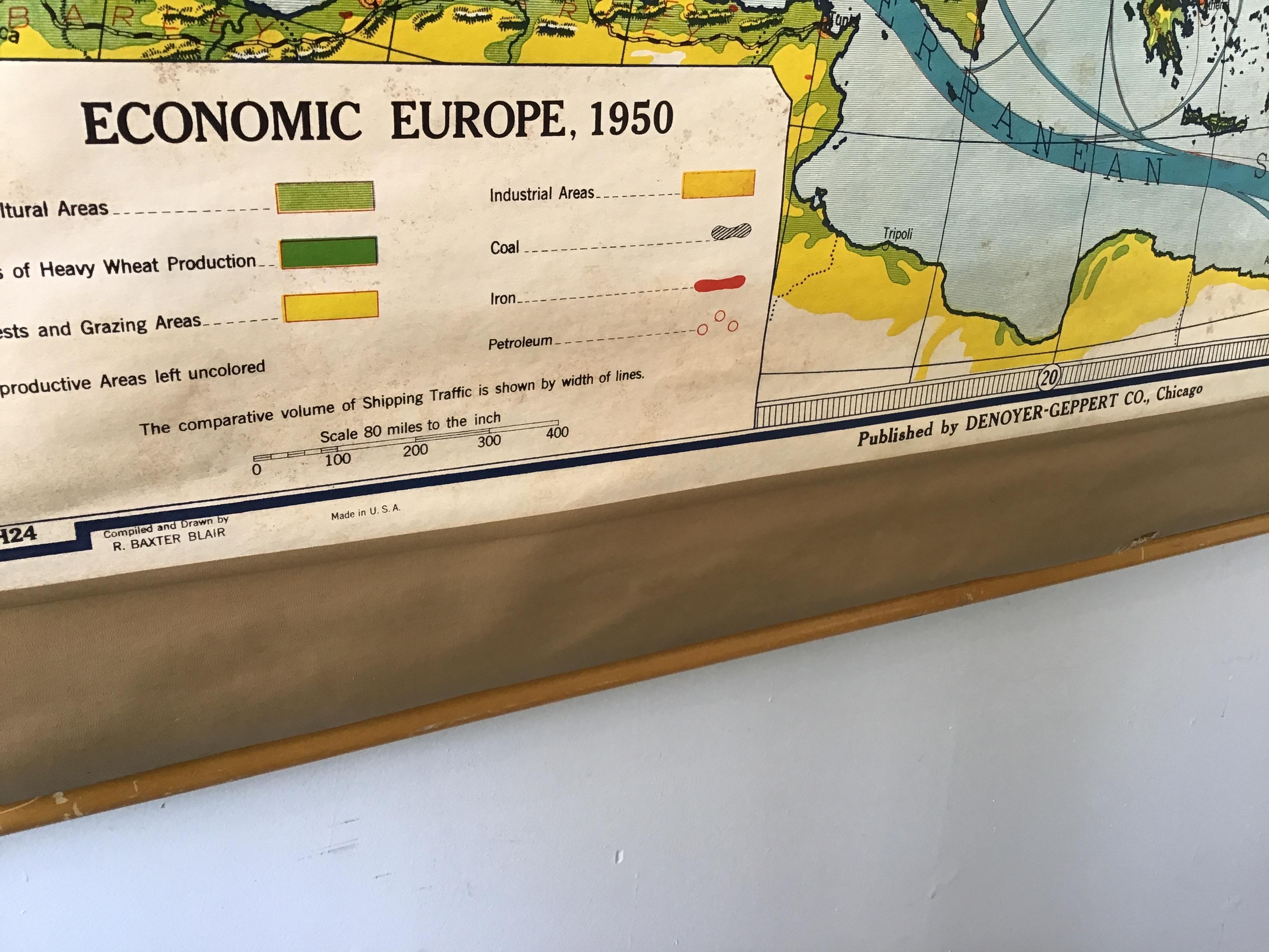 Mid-20th Century 1950s Economic European Pull Down School Map