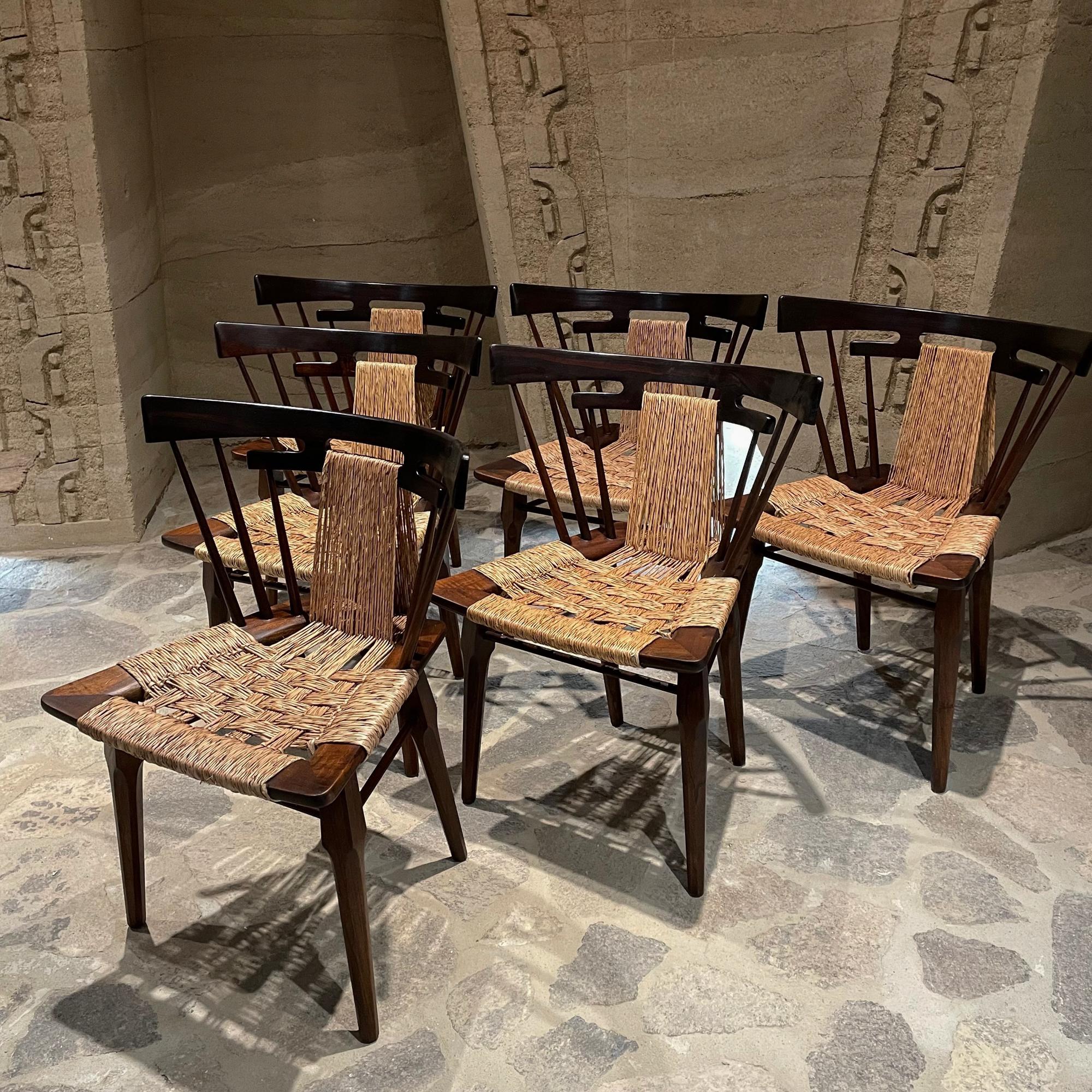 Mexican 1950s Edmond Spence Yucatan Set of Six Mahogany Wood Woven Seagrass Cane Chairs