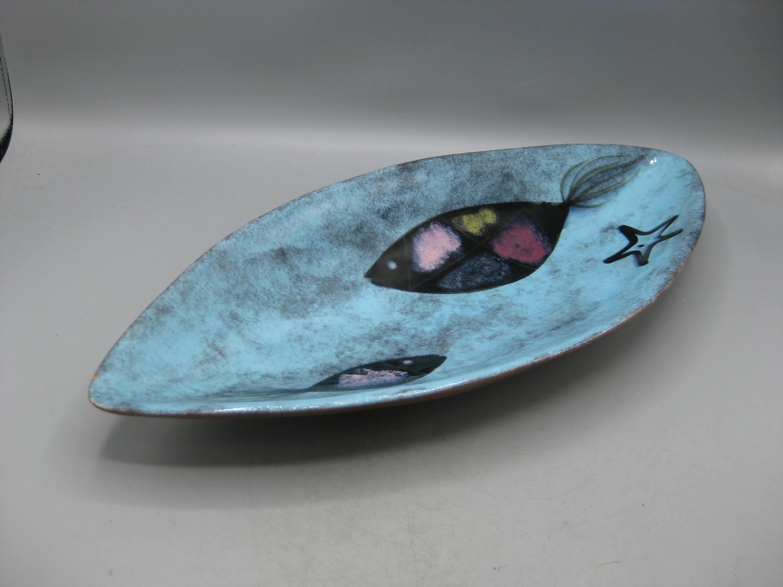 1950's Edmund Ronaky California Pottery Abstract Fish Bowl Dish 16 1/2