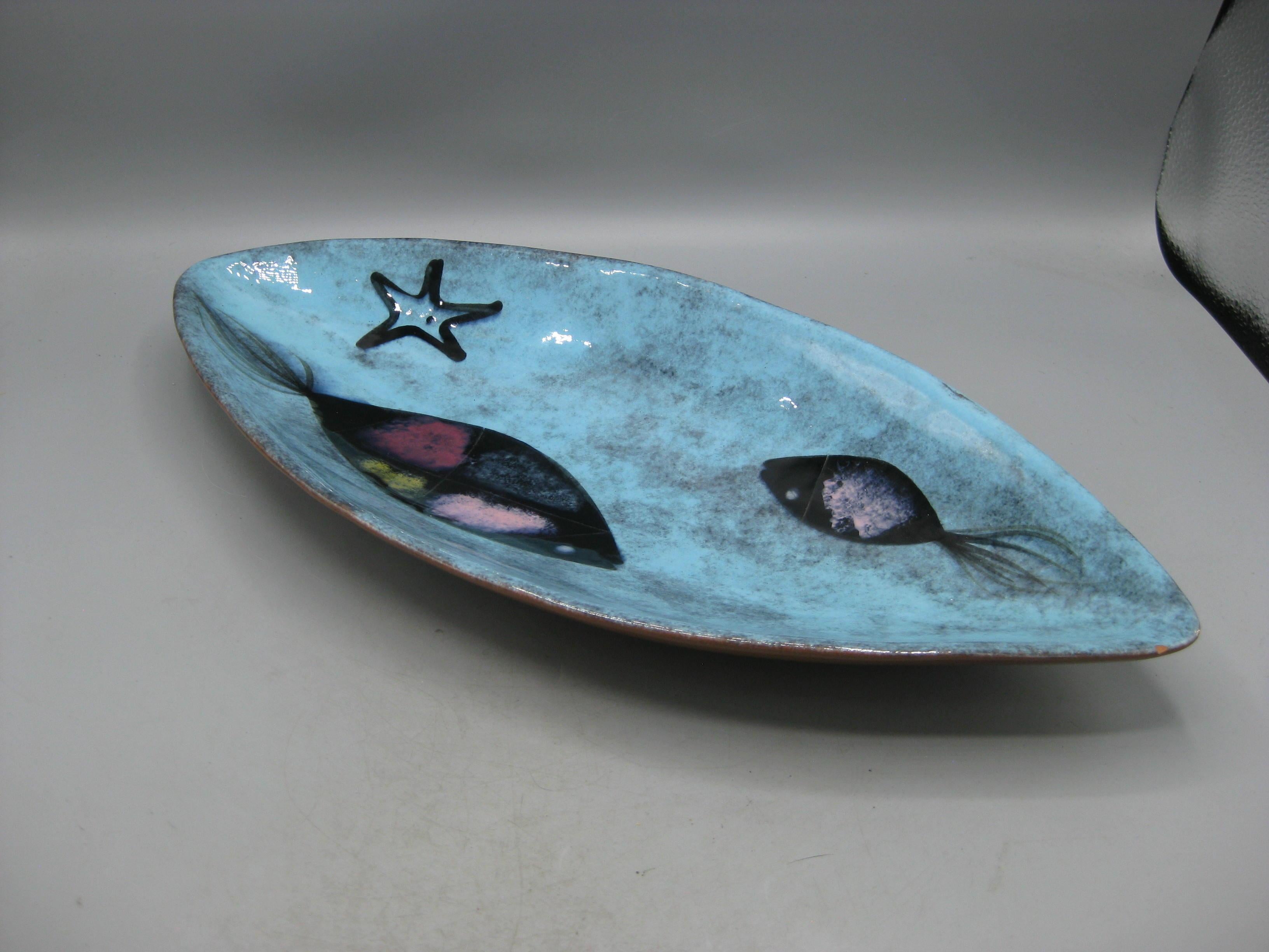 1950's Edmund Ronaky California Pottery Abstract Fish Bowl Dish 16 1/2