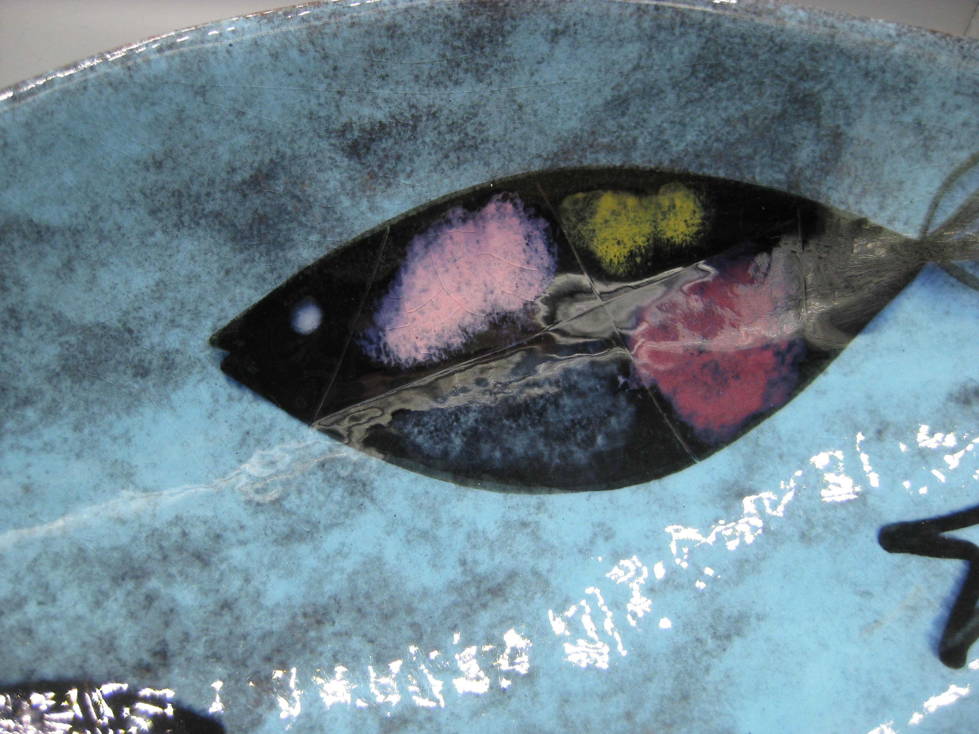 1950's Edmund Ronaky California Pottery Abstract Fish Bowl Dish 16 1/2