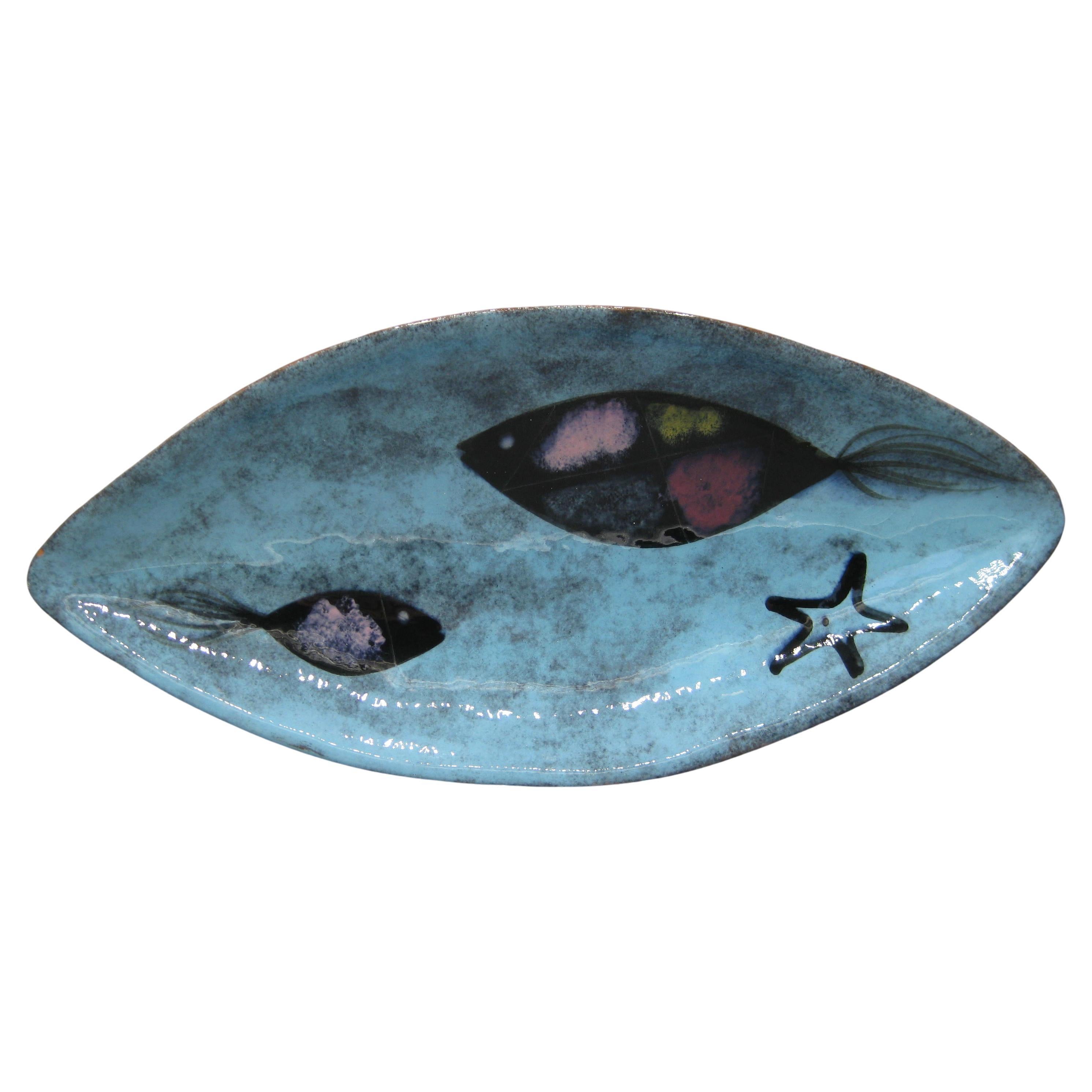 1950's Edmund Ronaky California Pottery Abstract Fish Bowl Dish 16 1/2" Big! For Sale