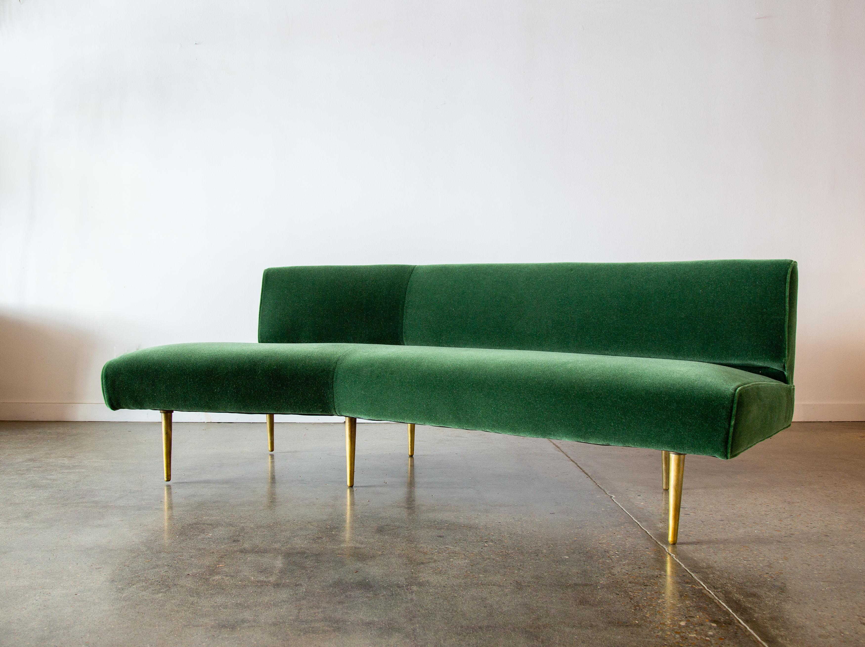 American 1950s Edward Wormley for Dunbar no. 4756 wing shaped sofa in Mohair and Brass For Sale