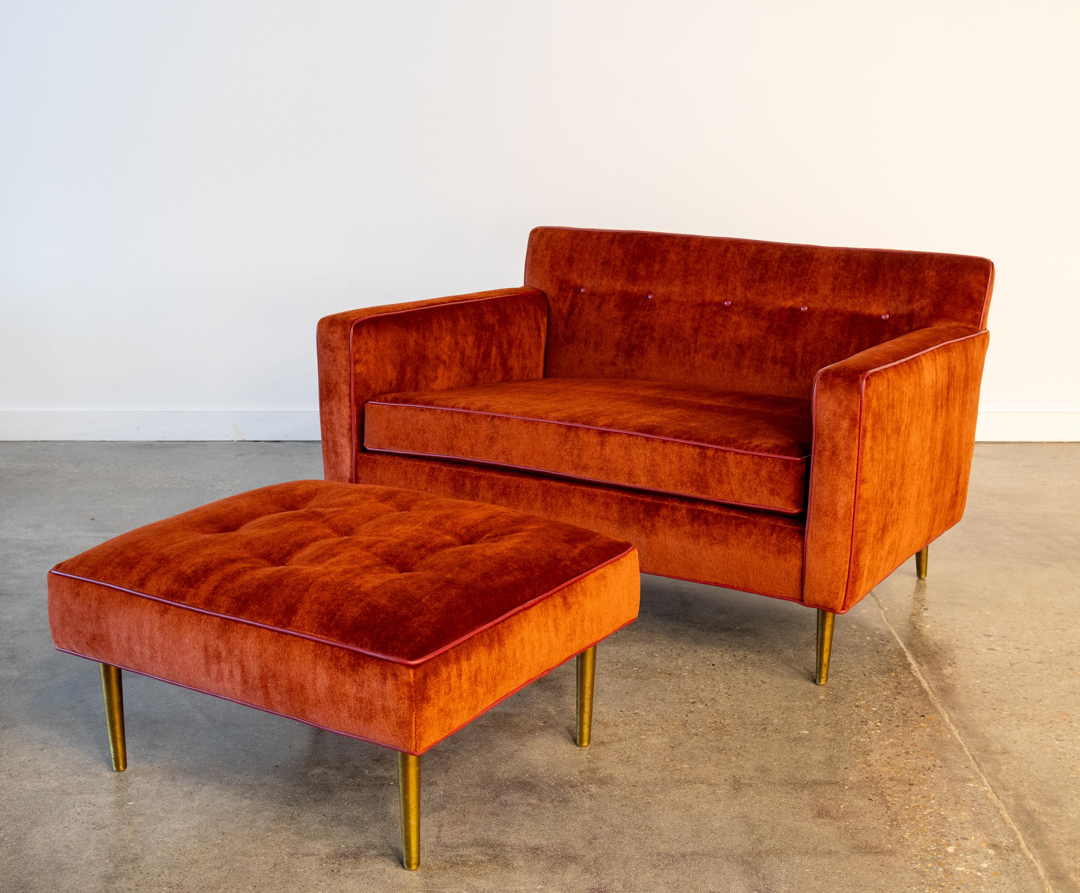 Mid-Century Modern 1950s Edward Wormley for Dunbar Oversized Chair & Ottoman Brass legs Red Mohair For Sale