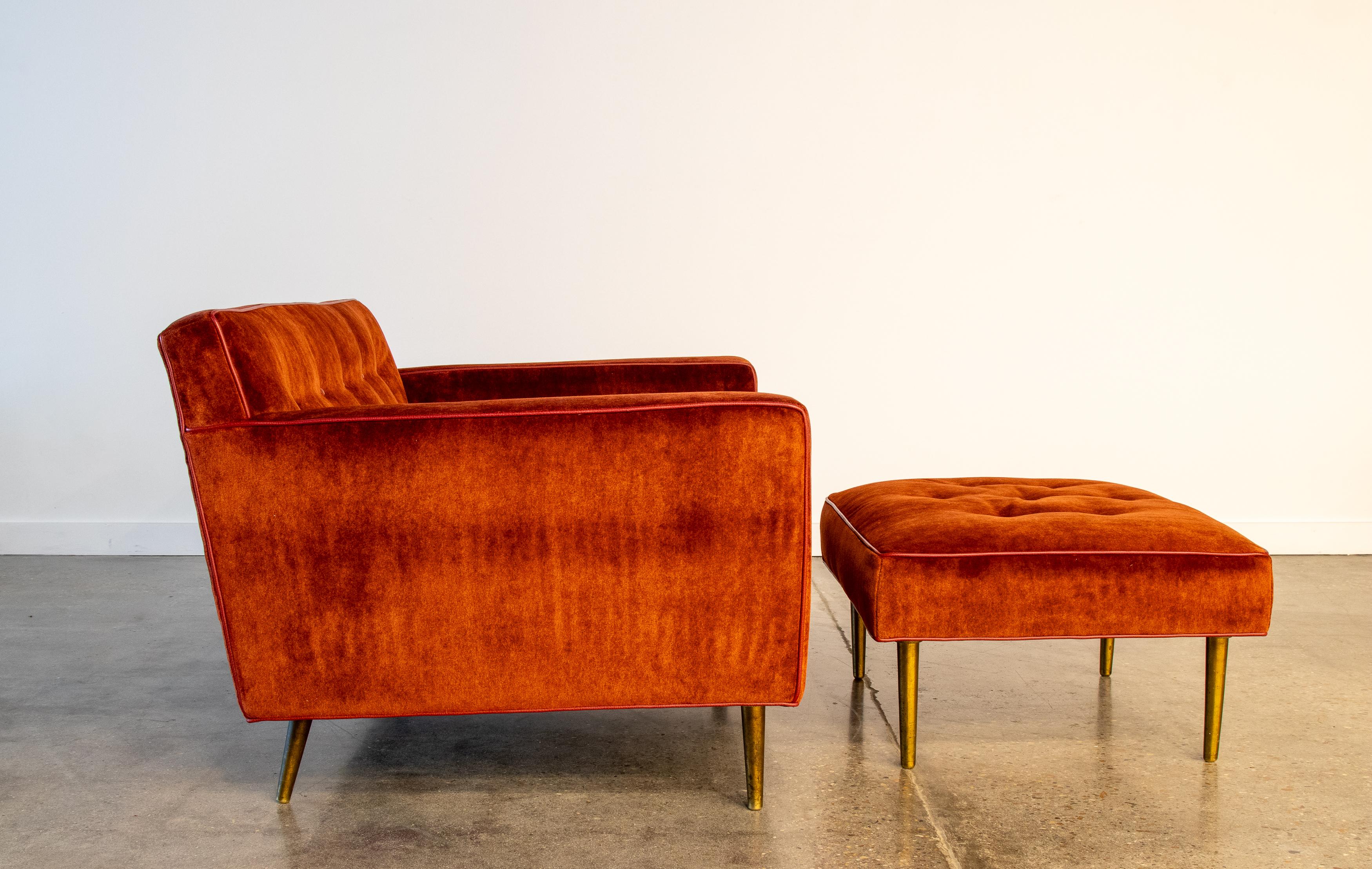 American 1950s Edward Wormley for Dunbar Oversized Chair & Ottoman Brass legs Red Mohair For Sale