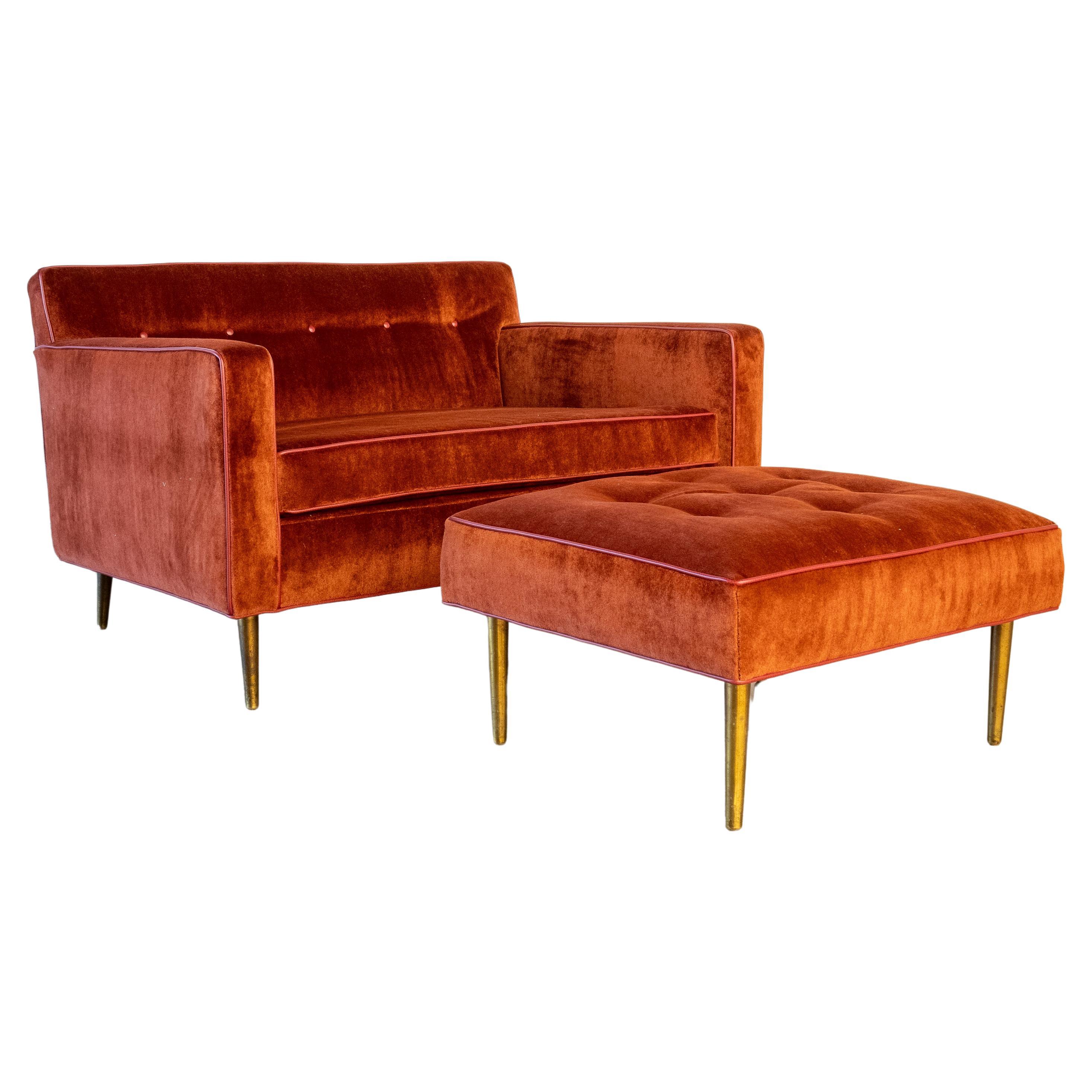 1950s Edward Wormley for Dunbar Oversized Chair & Ottoman Brass legs Red Mohair For Sale