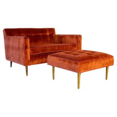 1950s Edward Wormley for Dunbar Oversized Chair & Ottoman Brass legs Red Mohair